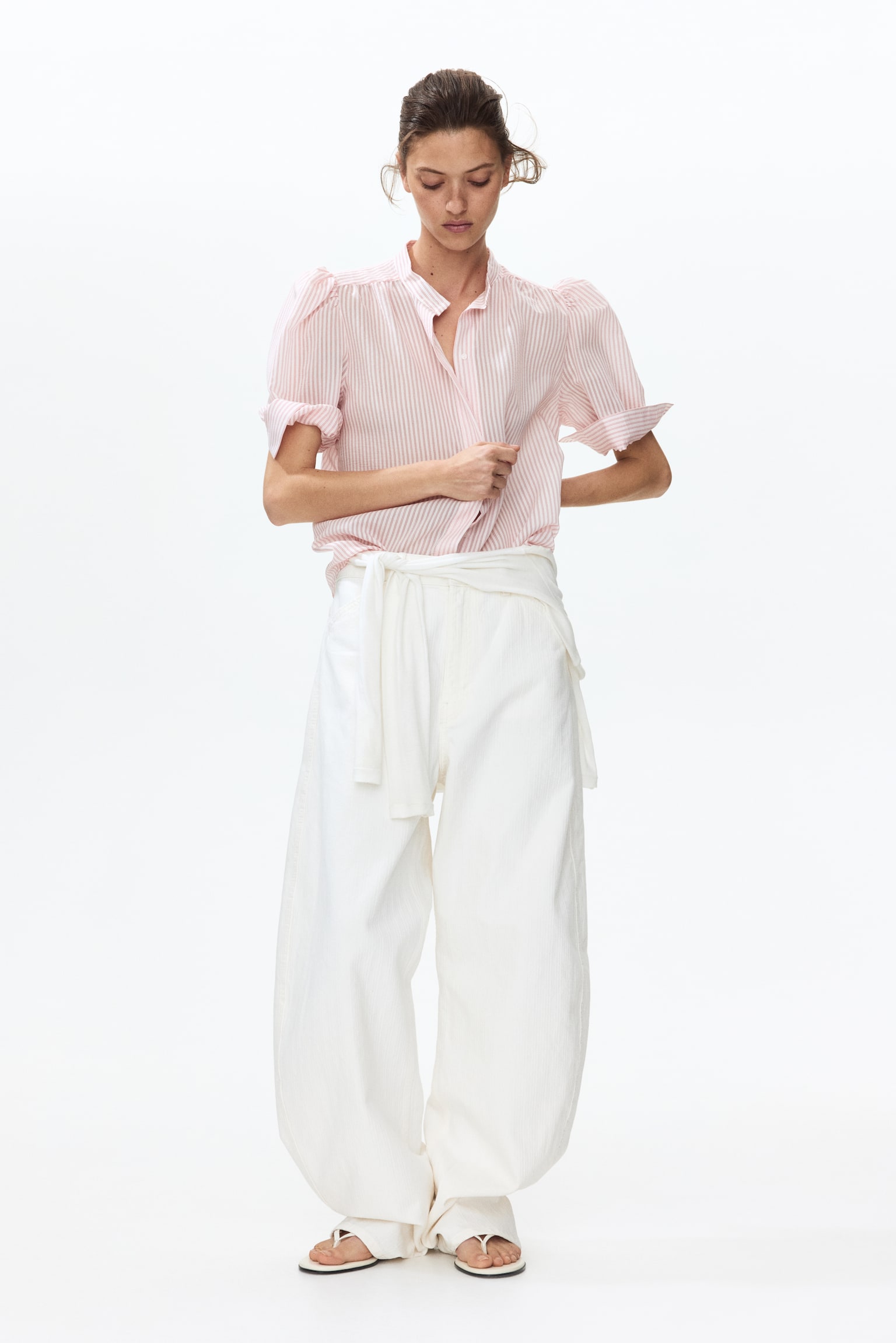 Puff-sleeved blouse - White/Red striped/Light beige - 1