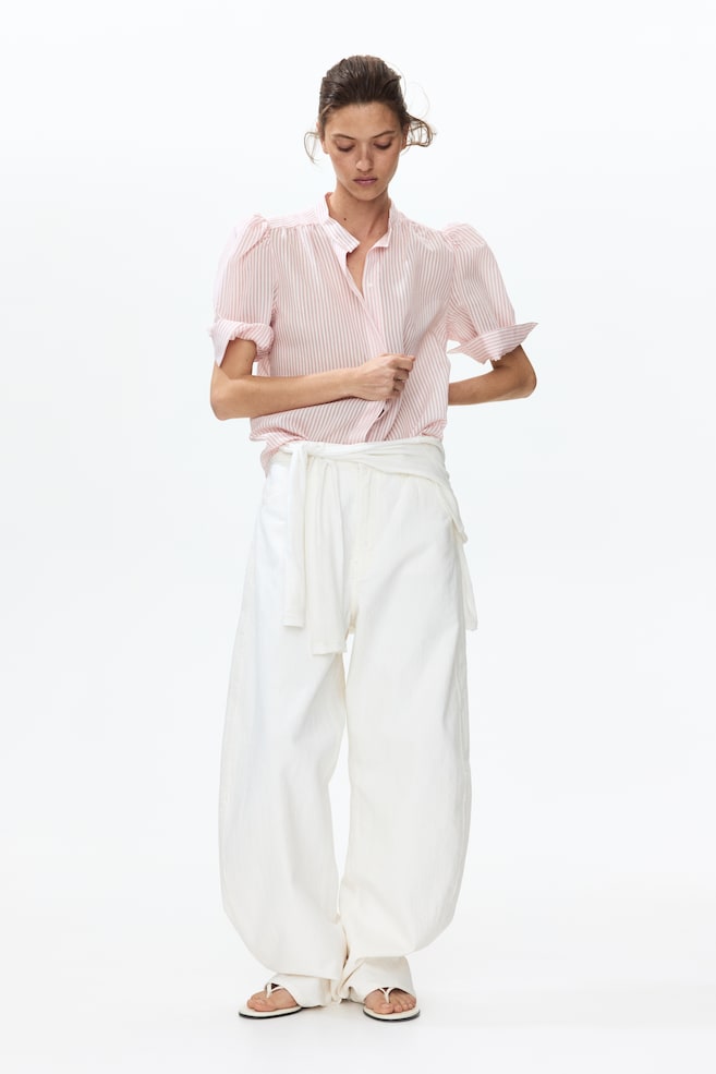 Puff-Sleeved Blouse - White/red striped/Light beige - 2