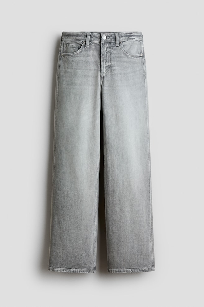 Grey wide-leg jeans featuring a faded wash, a button and zip fastening, belt loops, curved front pockets, and visible topstitching. - 1