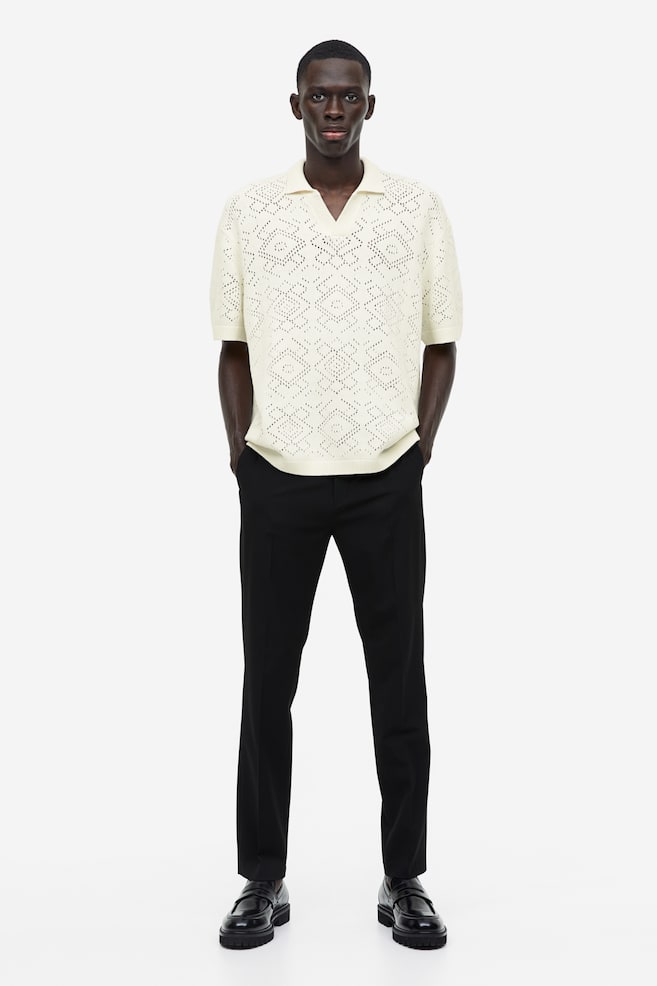 Relaxed Fit Crochet-look polo shirt - Cream/Black - 5