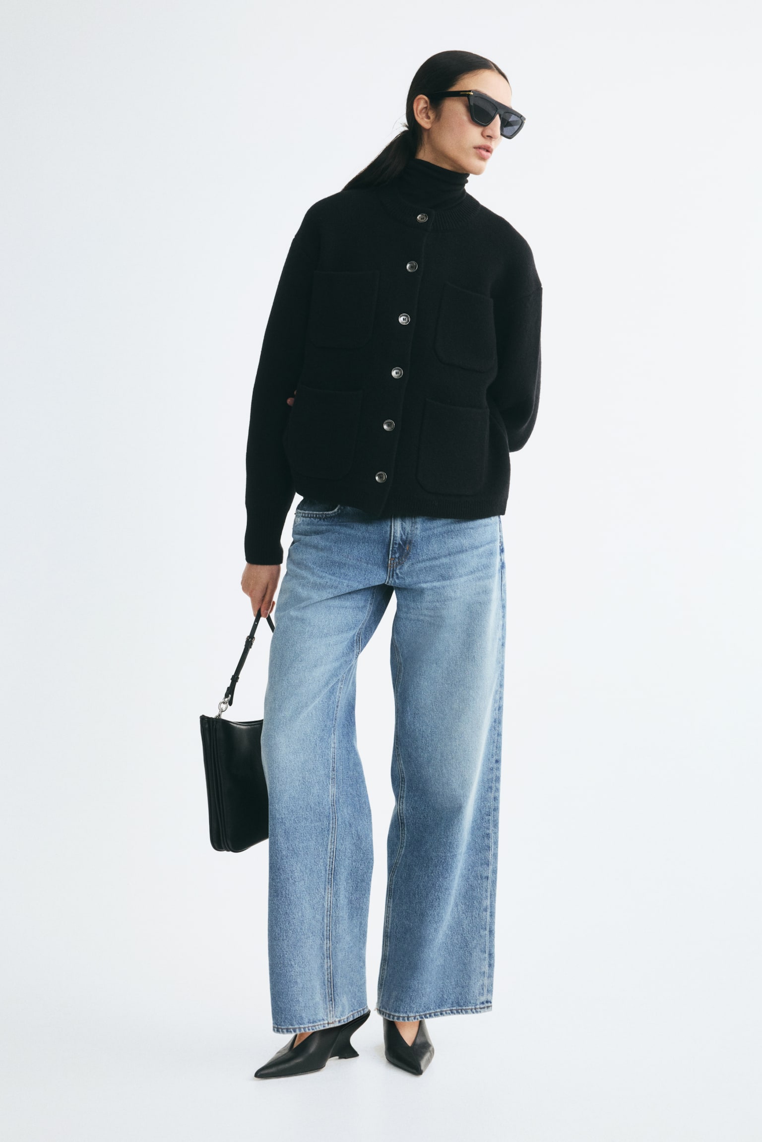 Wool-blend pocket-detail cardigan - Black/Cream - 1