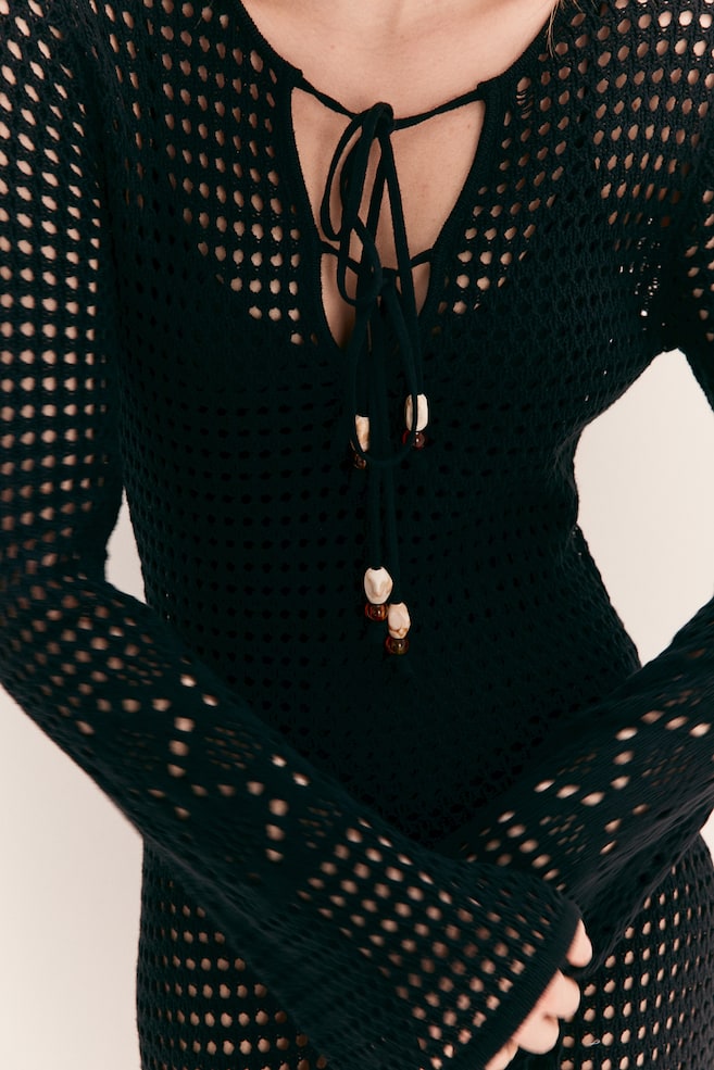 Beaded-tie-detail hole-knit dress - Black - 6