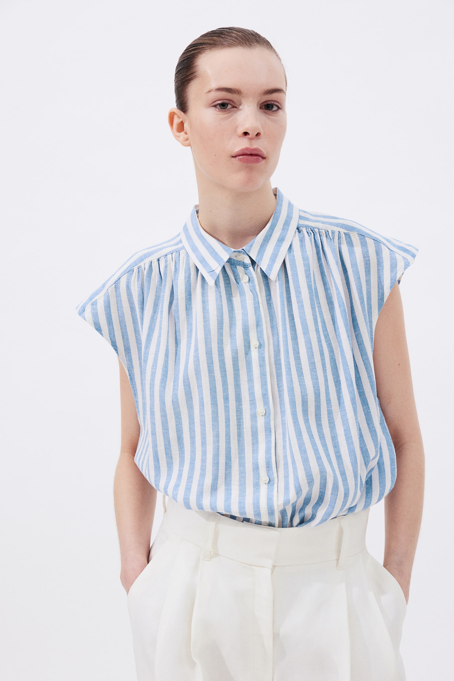 Linen Blend Sleeveless Shirt - White/Blue stripe/White - 1