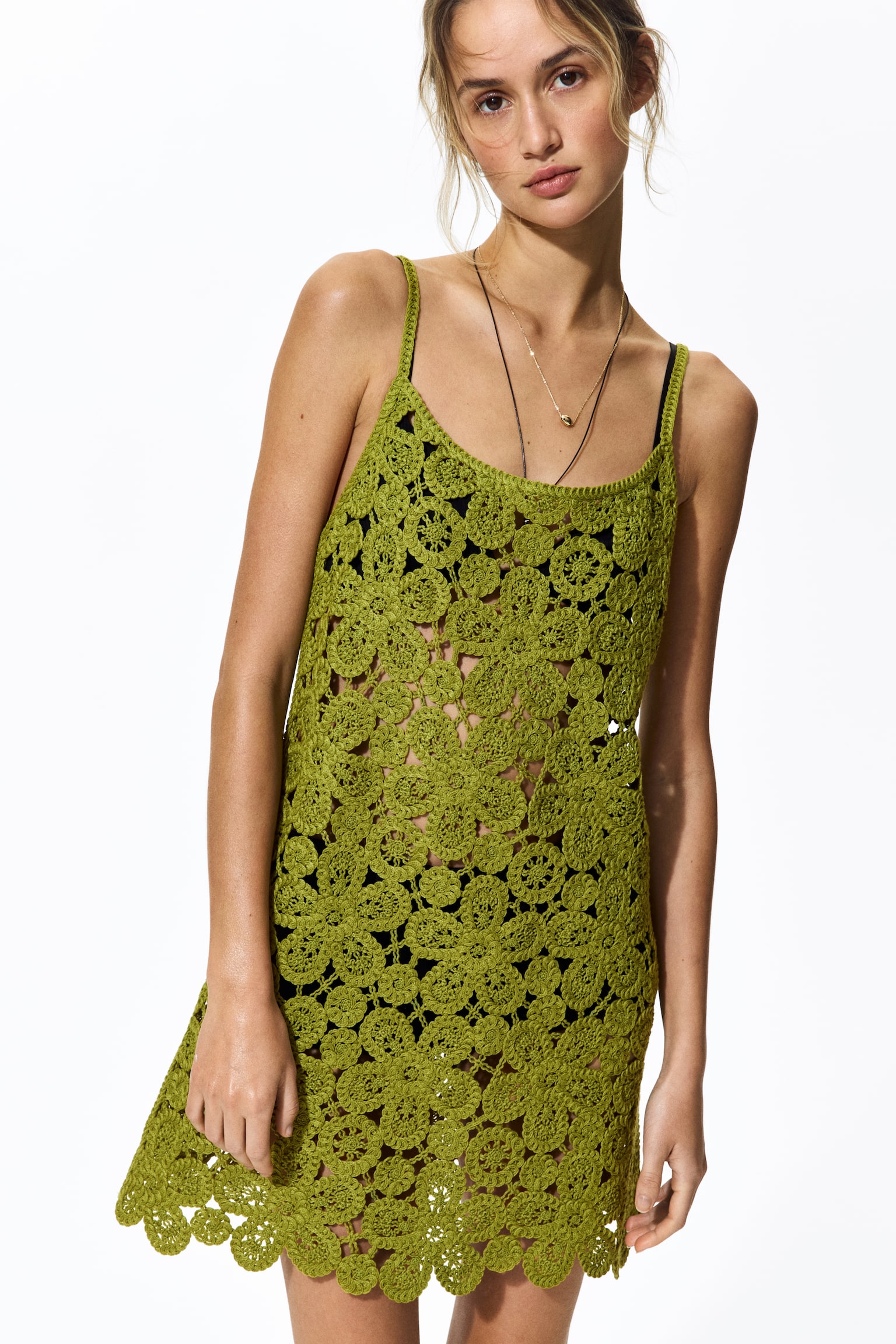 Crochet-look mini dress - Olive green - 4