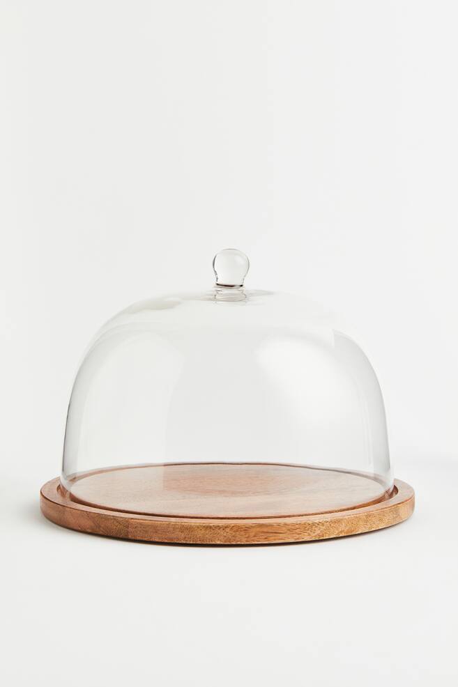 Glass dome with a wooden tray - Clear glass/Light brown - 1