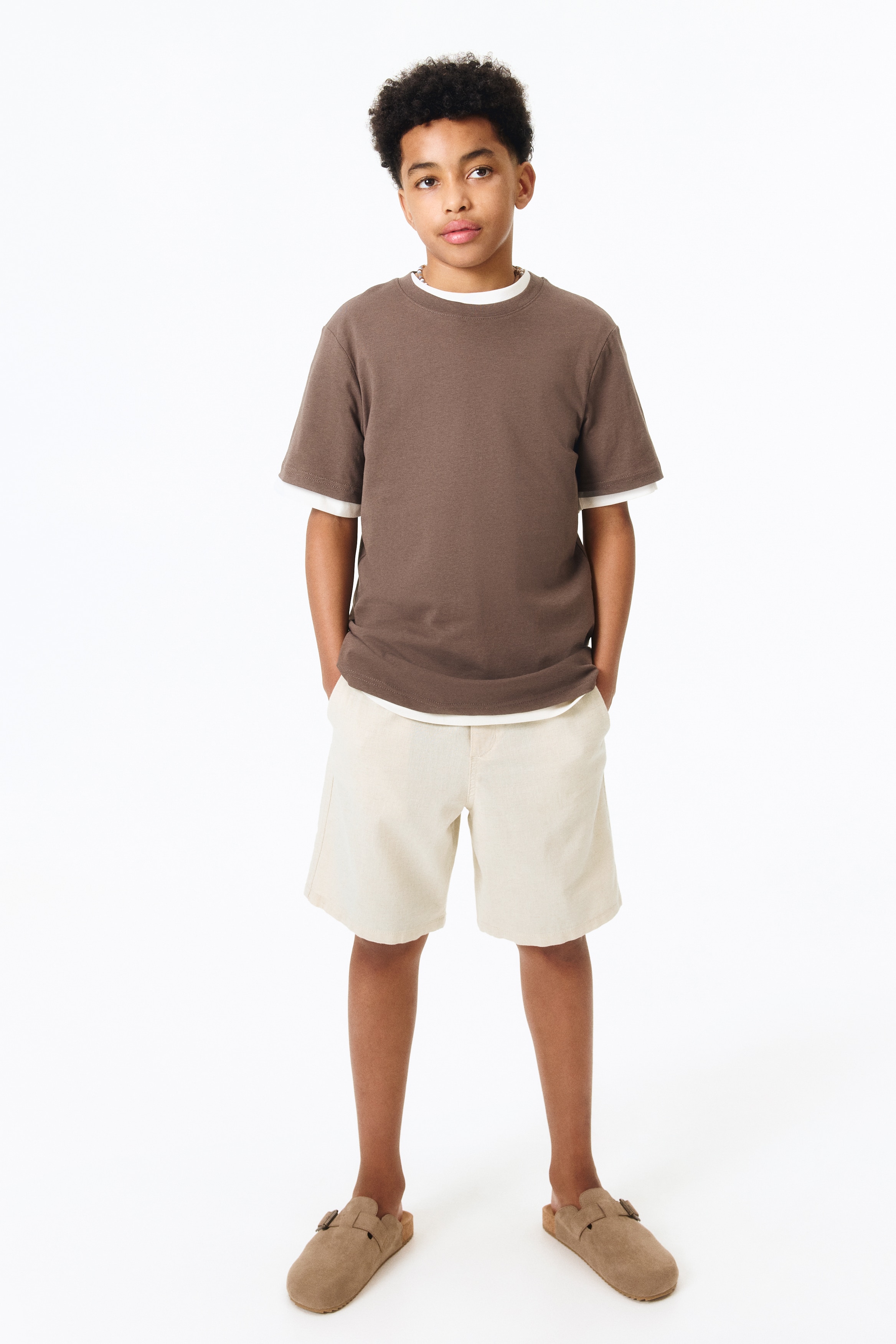Shorts i linmix - Ljusbeige/Marinblå/Light blue/Vit/Mörk khakigrön