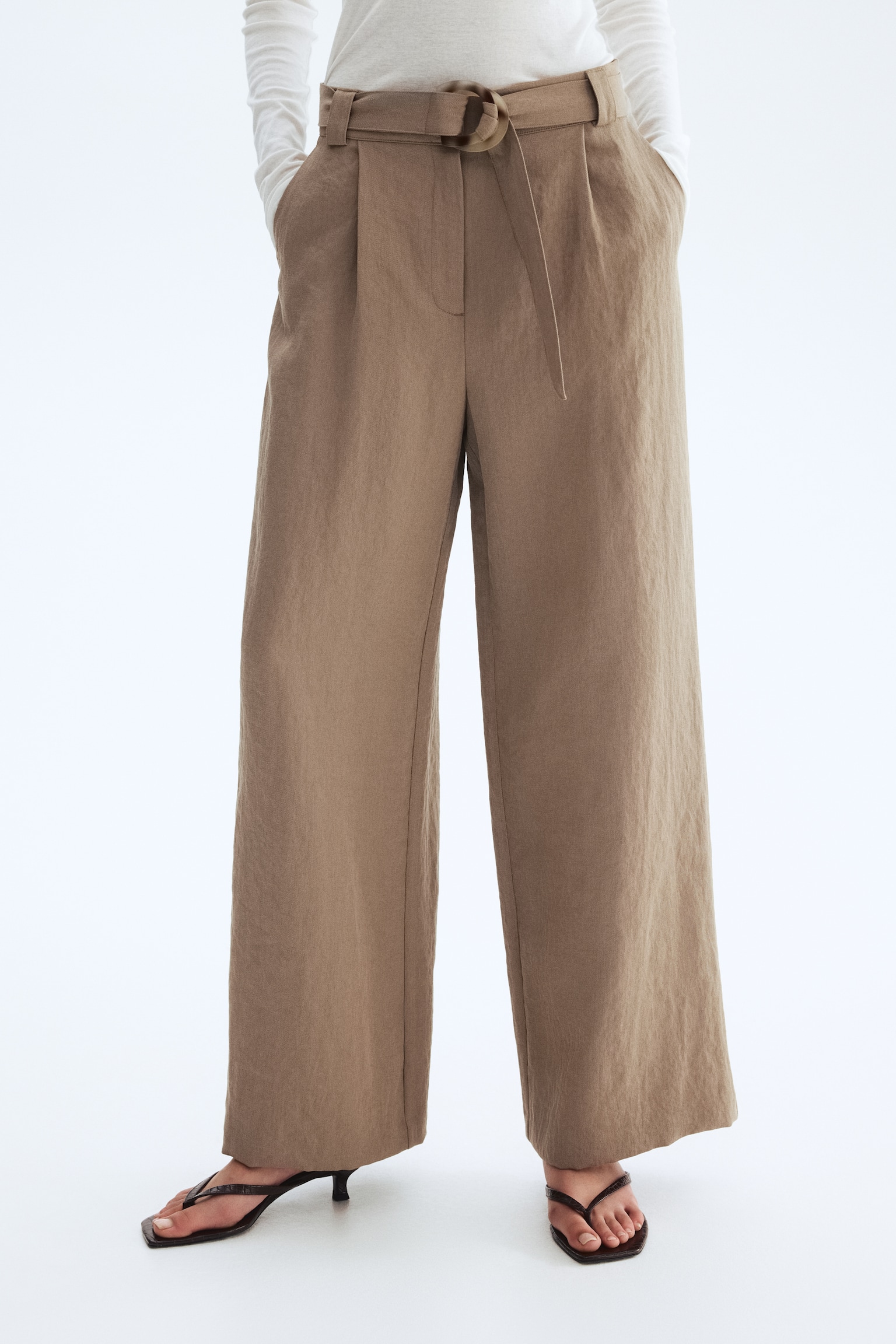 Pantalón ancho con cinturón - Gris pardo oscuro/Beige claro - 5