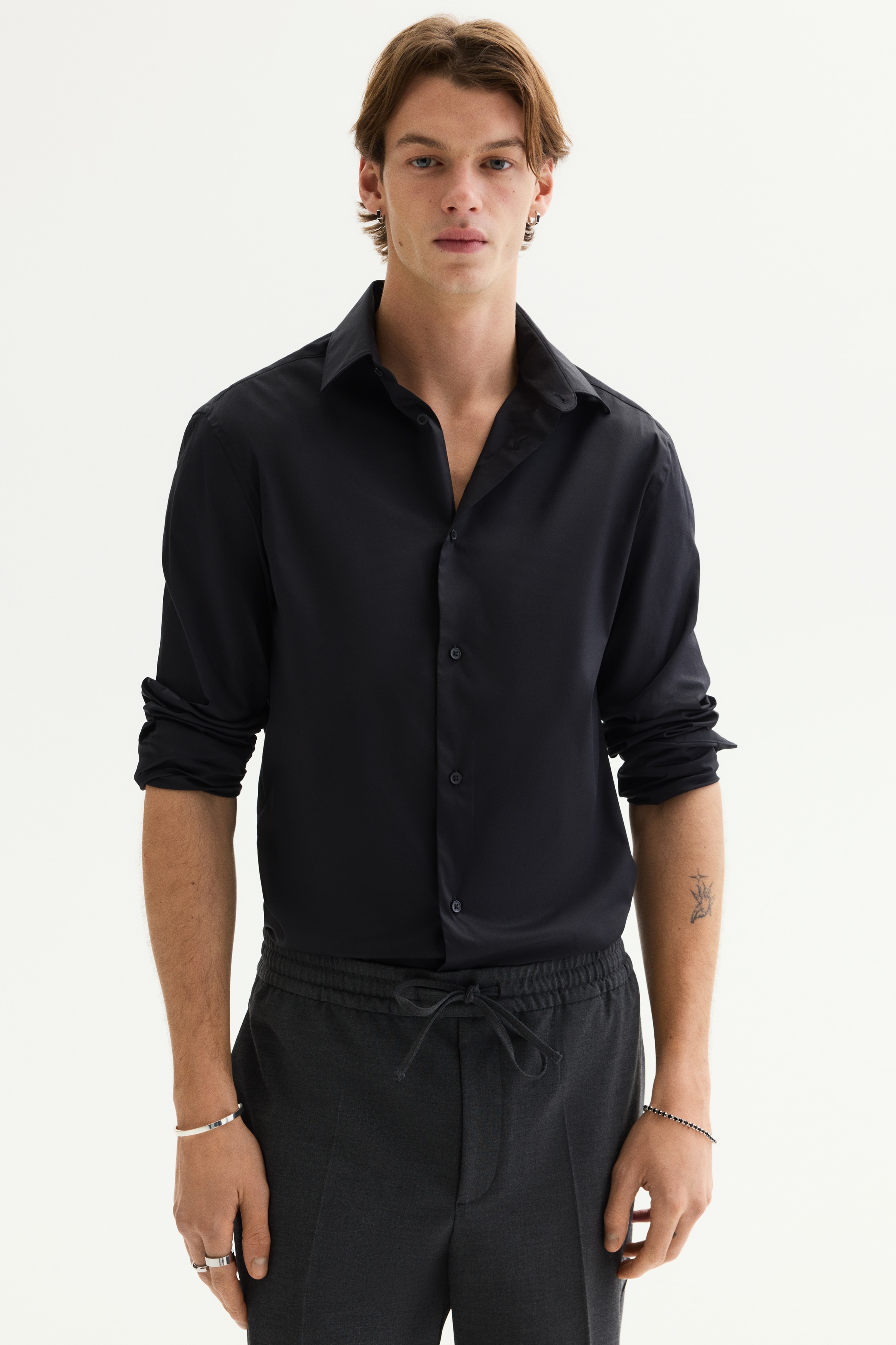 Camisa Slim Fit Stretch - Negro/Blanco/Azul claro