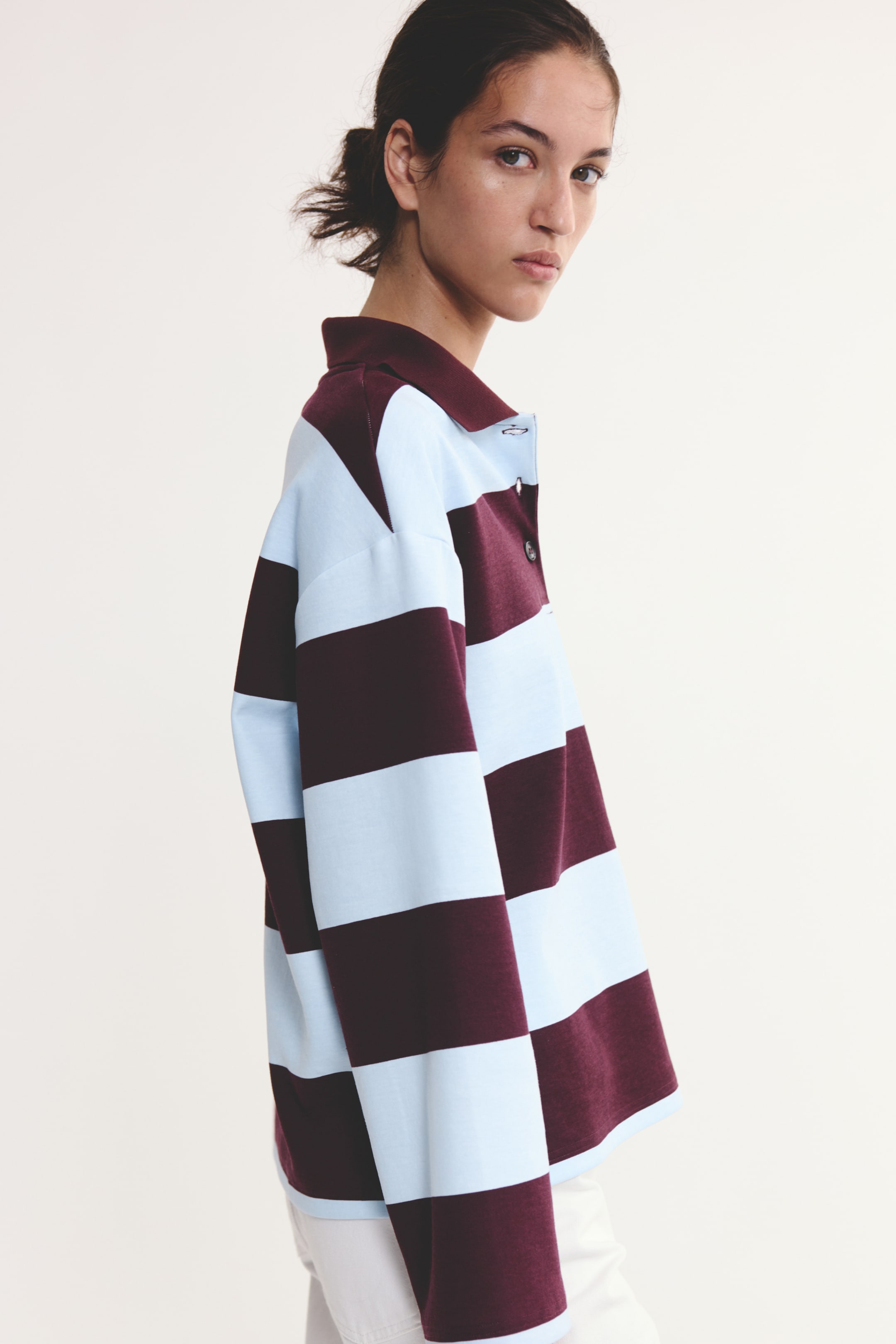 View larger image: Cotton-blend polo shirt - Light blue/Burgundy striped - Ladies | H&M GB 1