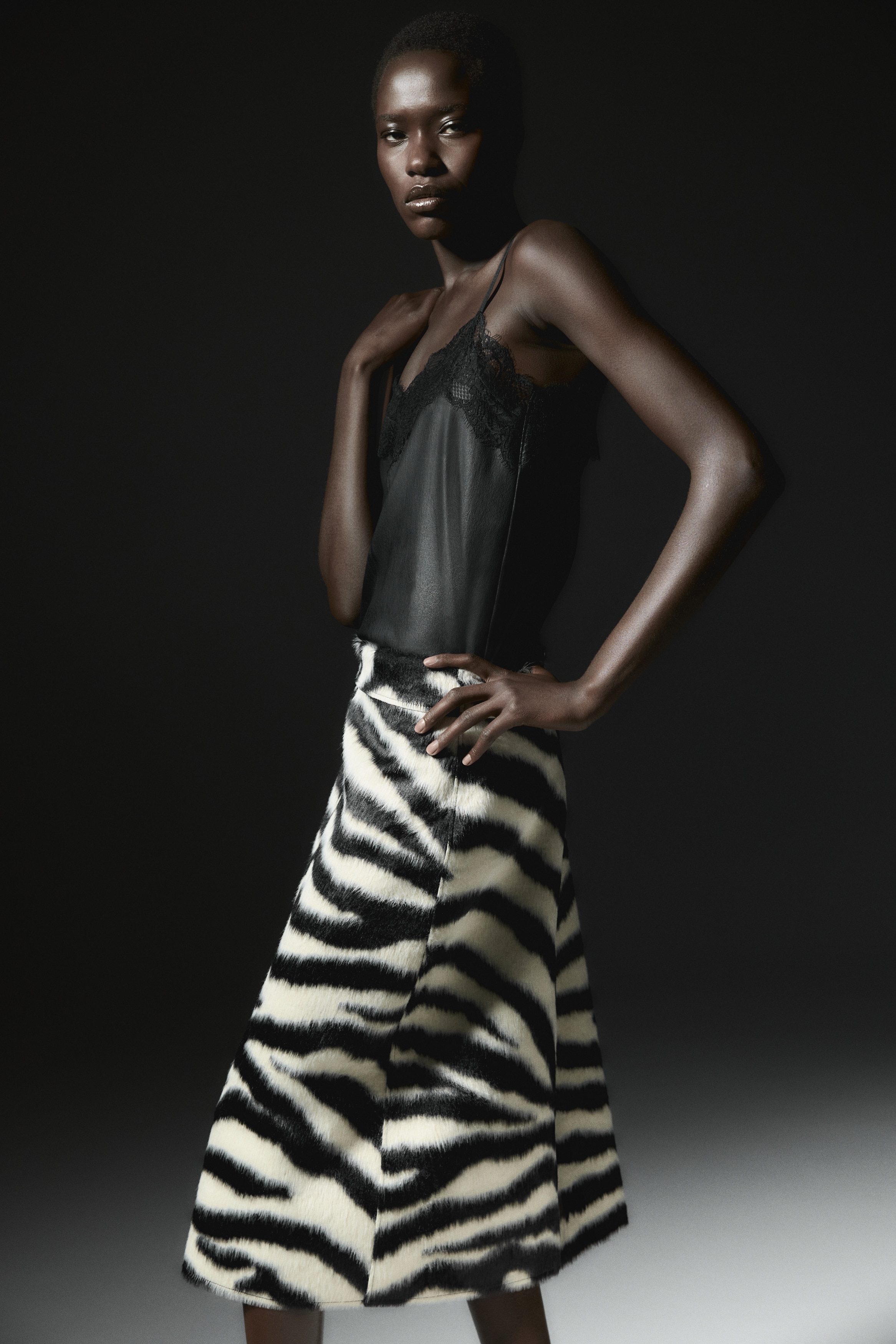 拉鍊中長裙 - 黑色/斑馬紋/深咖啡色