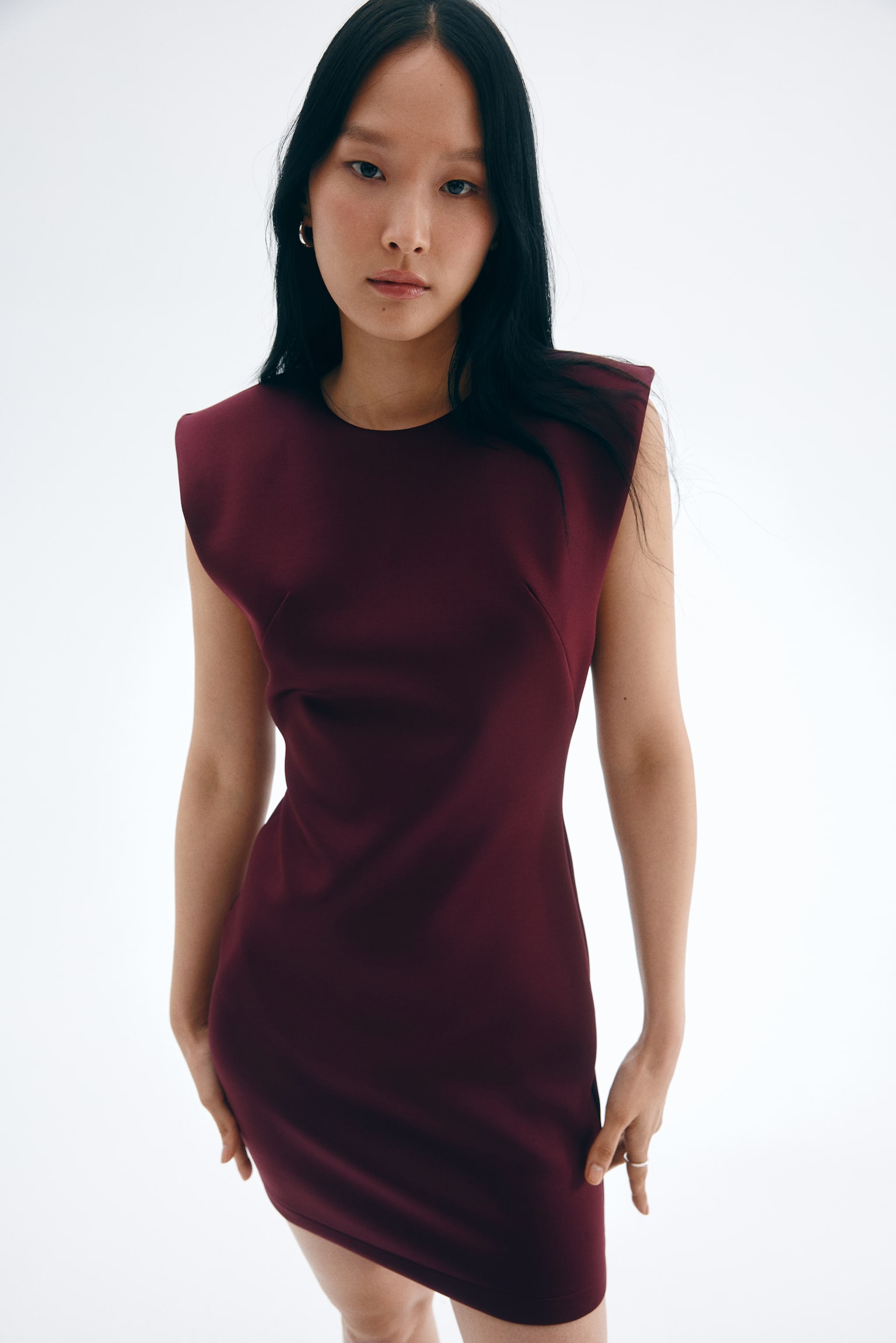 Omuzları Vatkalı İnterlok Elbise - Bordo - 5