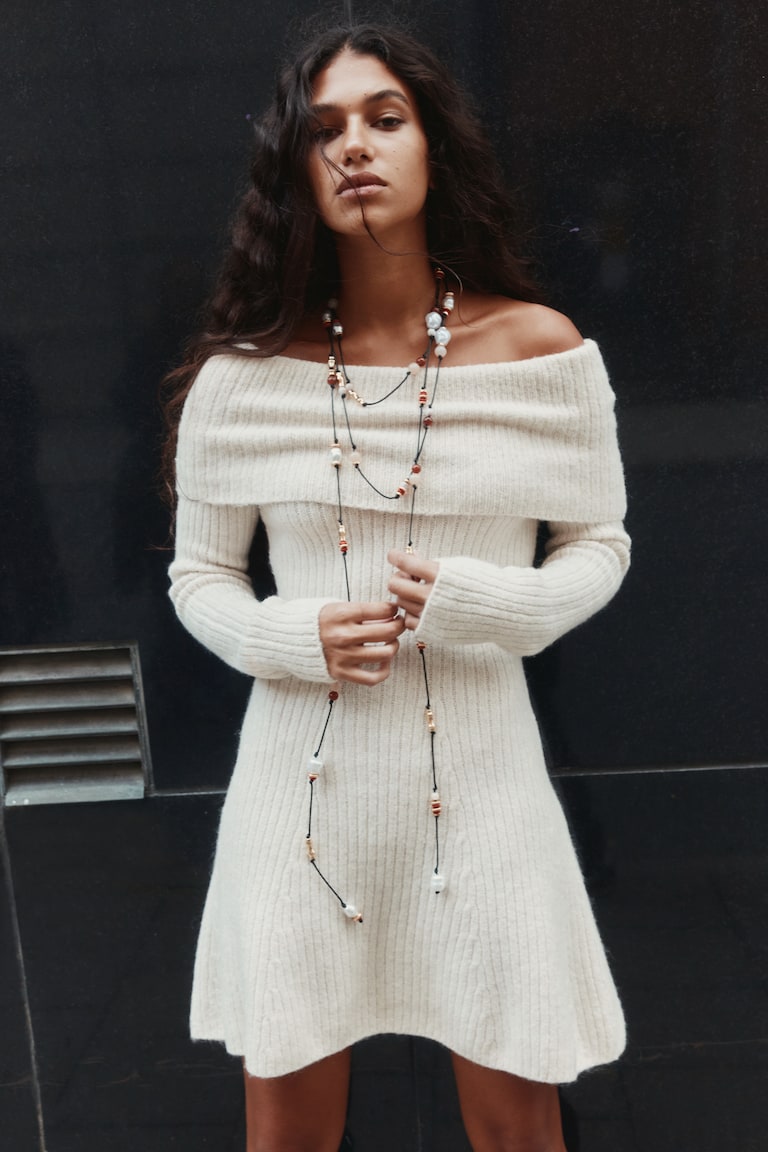 Ladies - Light Beige Rib-Knit Off-the-Shoulder Dress - Size: XXL - H&M