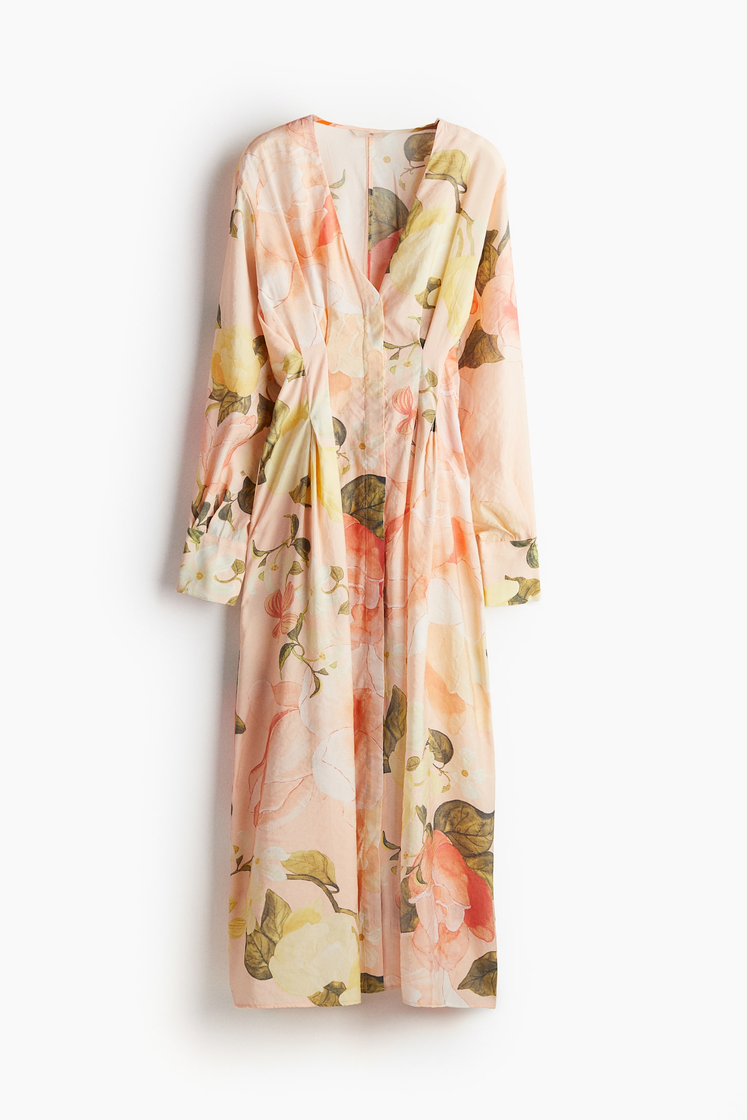 Waisted V-neck Dress - Apricot/Floral - 2