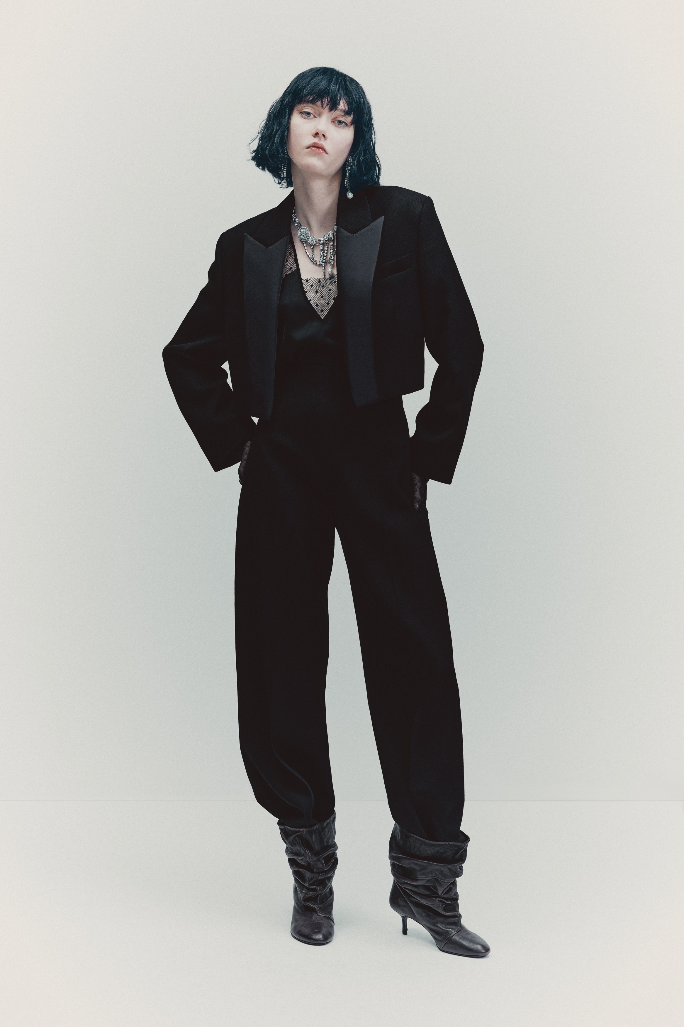 H & M - スリットディテールウールパンツ - ブラック