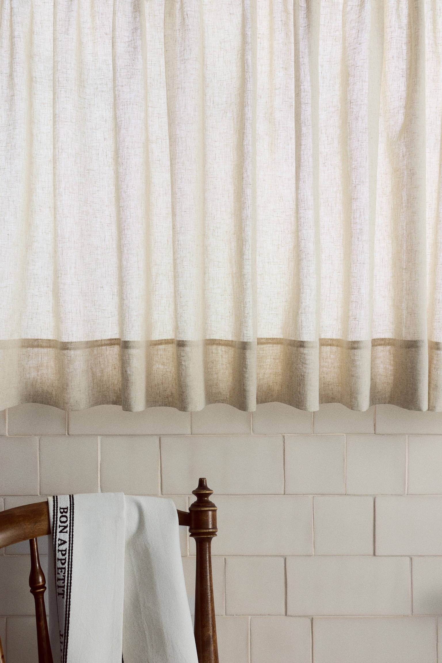 Linen-blend café curtain - Beige/White - 1