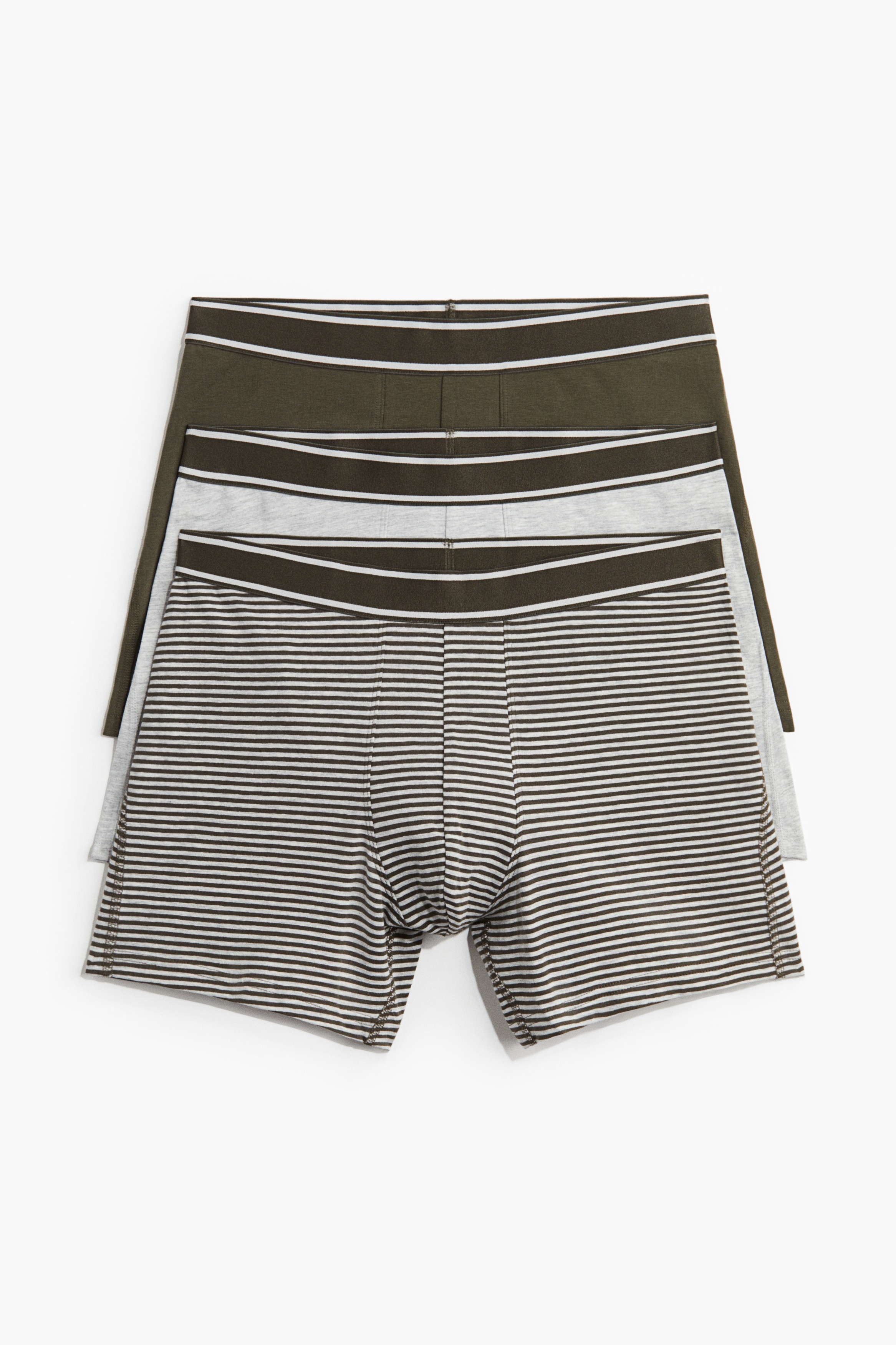 Středně dlouhé trenýrky 3 kusy - Khaki zelená/proužky/Béžová/černé proužky/Tmavě fialová/proužky