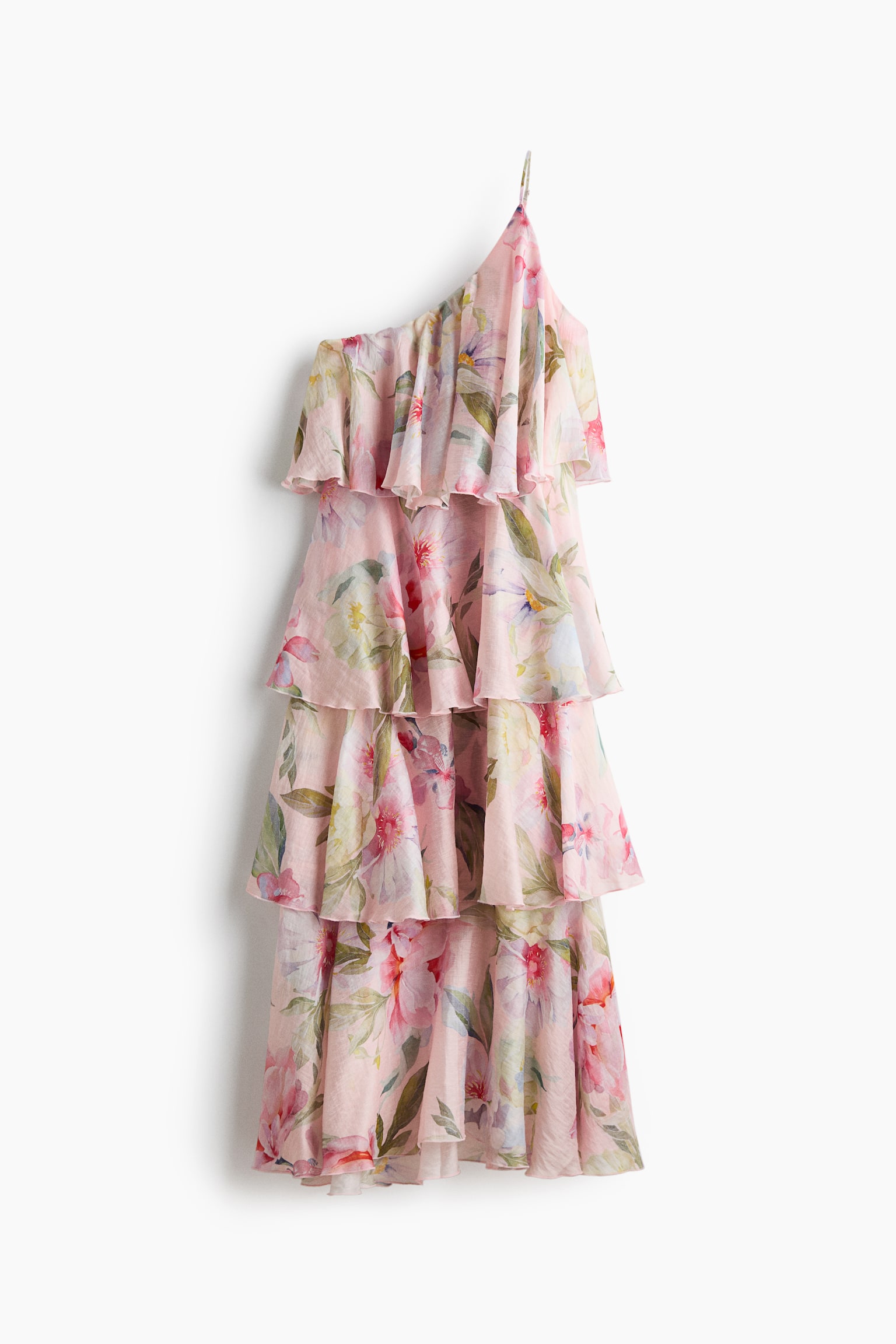 Tiered one-shoulder linen-blend dress-Light pink/Floral - 2