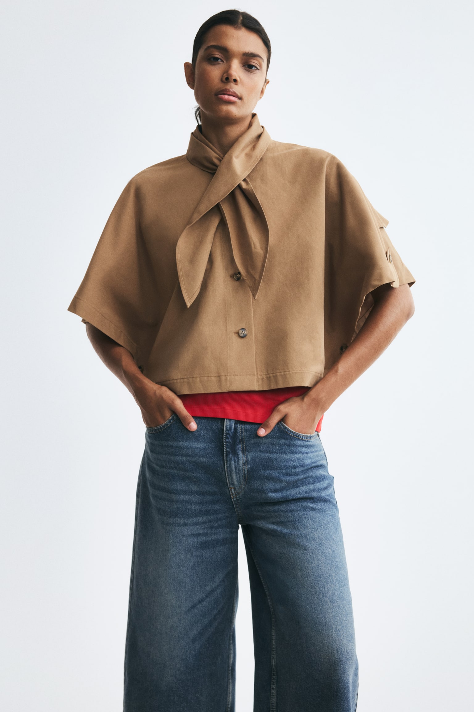 Женская накидка H&M Scarf-collar trench cape, цвет: Тёмный бежевый — фото 3