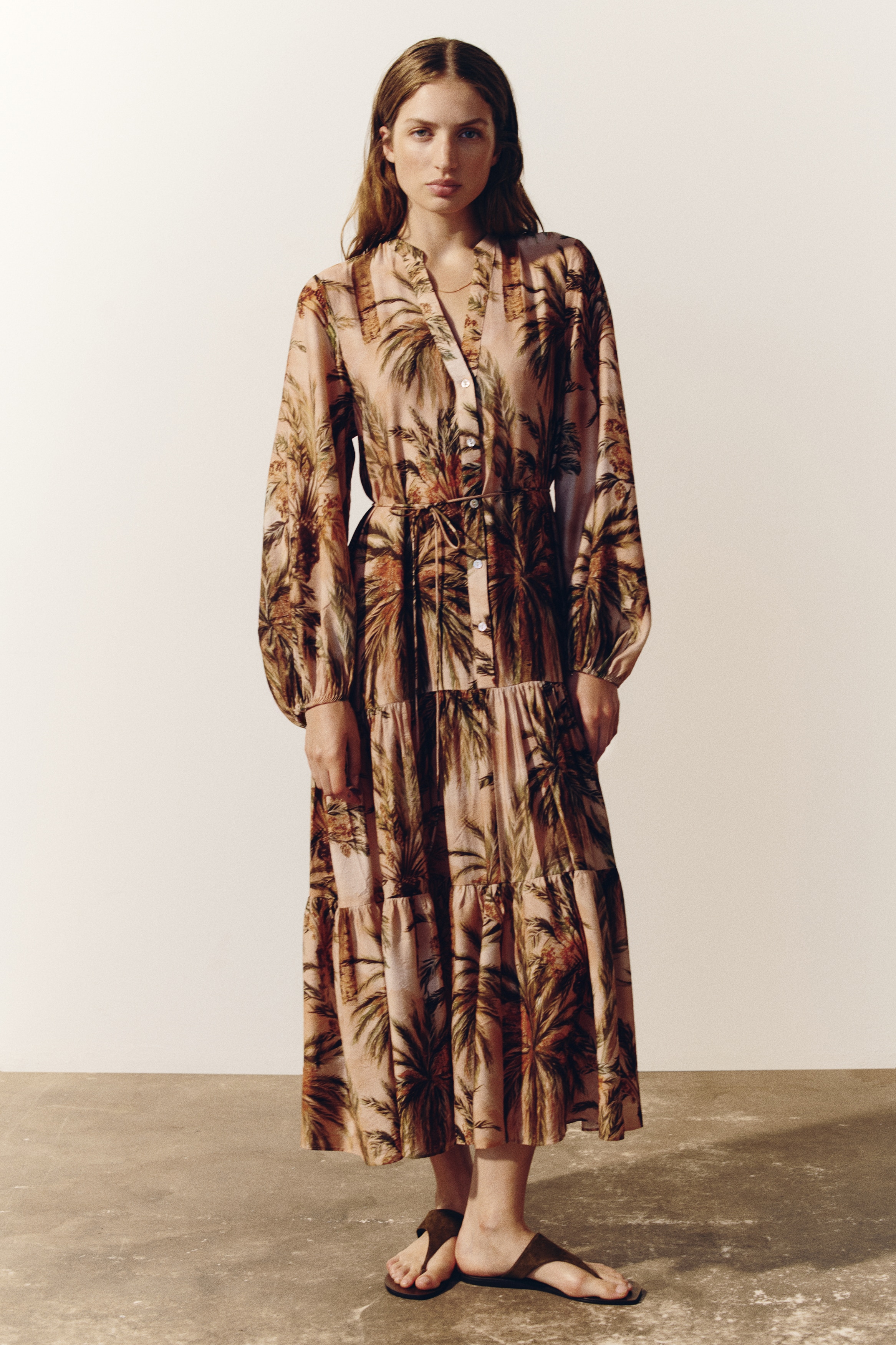 h&m brown floral dress Women's Dusty brown/Floral Drawstring-detail cotton dress