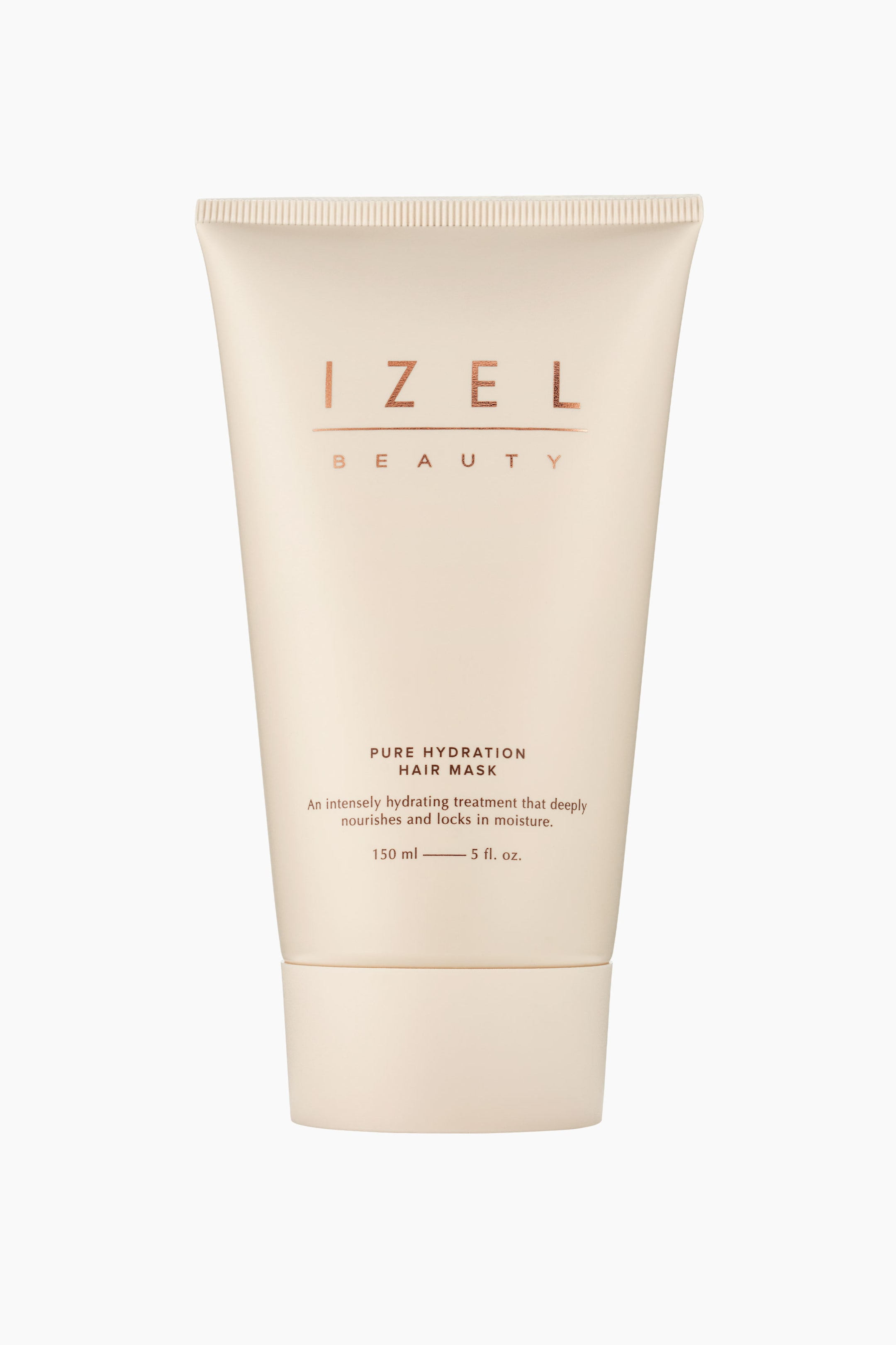 Visa större bild: Ett ljust beige klämtub hårmask står upprätt och är vänd direkt framåt, med en krusad topp och en bred, platt bas. Tuben visar upp varumärket "IZEL BEAUTY" i roséguldsmetalliska bokstäver högst upp, med "PURE HYDRATION HAIR MASK" och volymen "150 ml — 5 fl. oz." tryckt nedanför.
