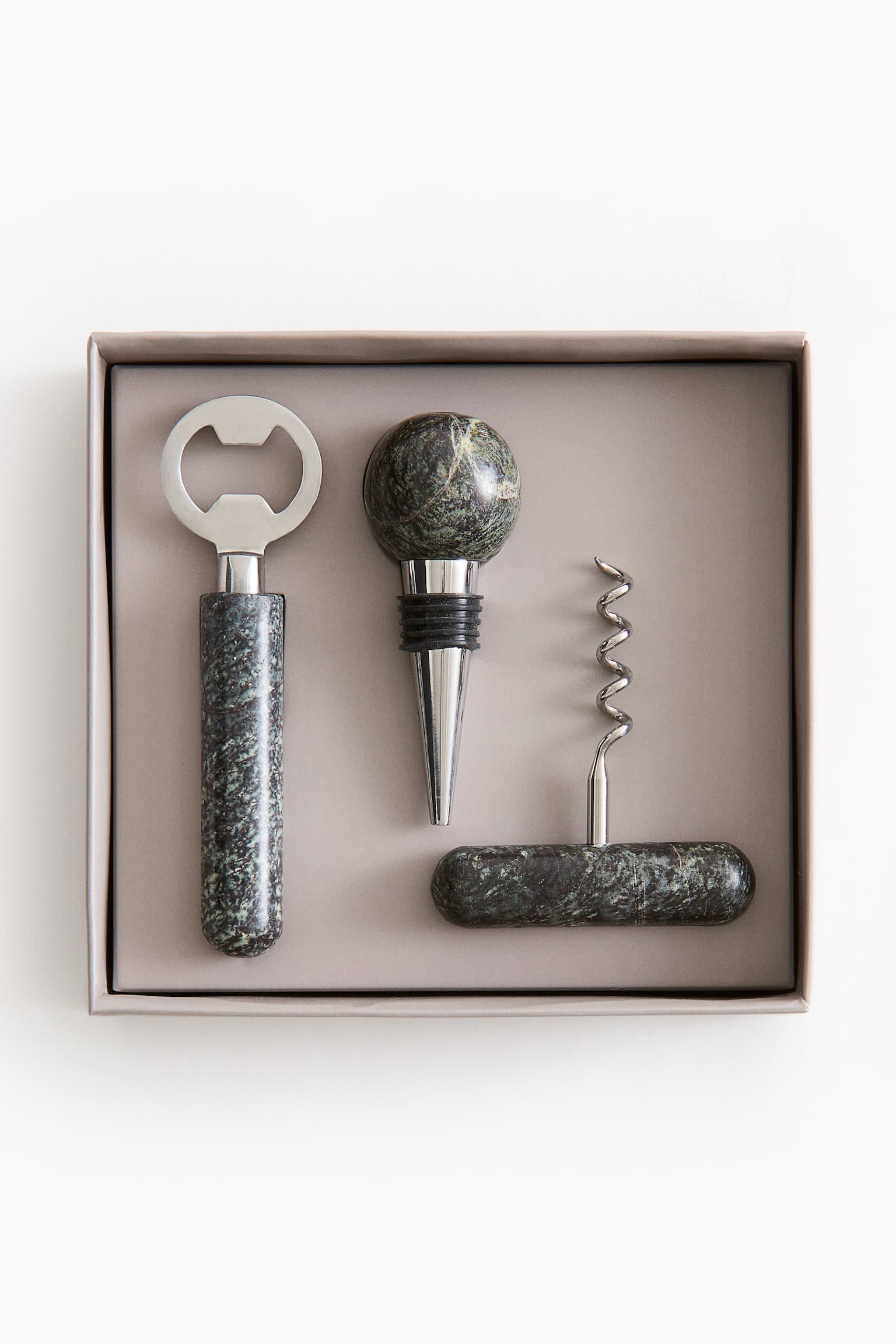 Conjunto de 3 utensílios em mármore para garrafas - Verde/Cinzento marmoreado - 1