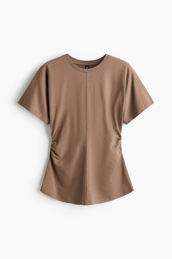 Ruched T-shirt - Dark beige/White - 1