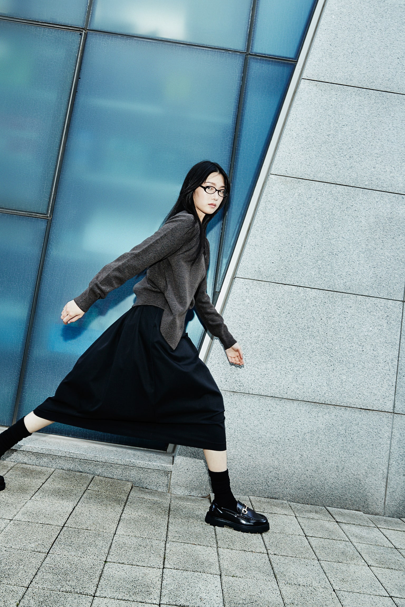 Pleated A-line skirt - ブラック/ネイビーブルー - 4