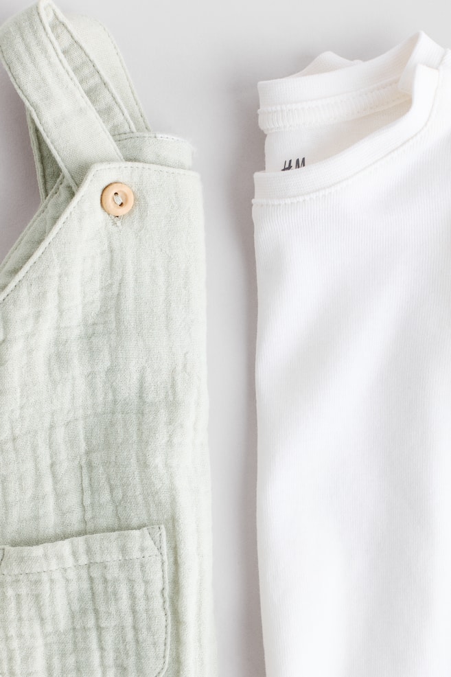 2-piece Cotton Set - Light dusty green/white/Light beige/white - 2