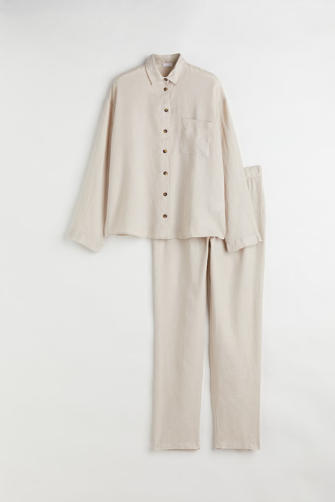 Pyjamas i vasket lin - Lys beige/Antrasittgrå/Hvit - 1