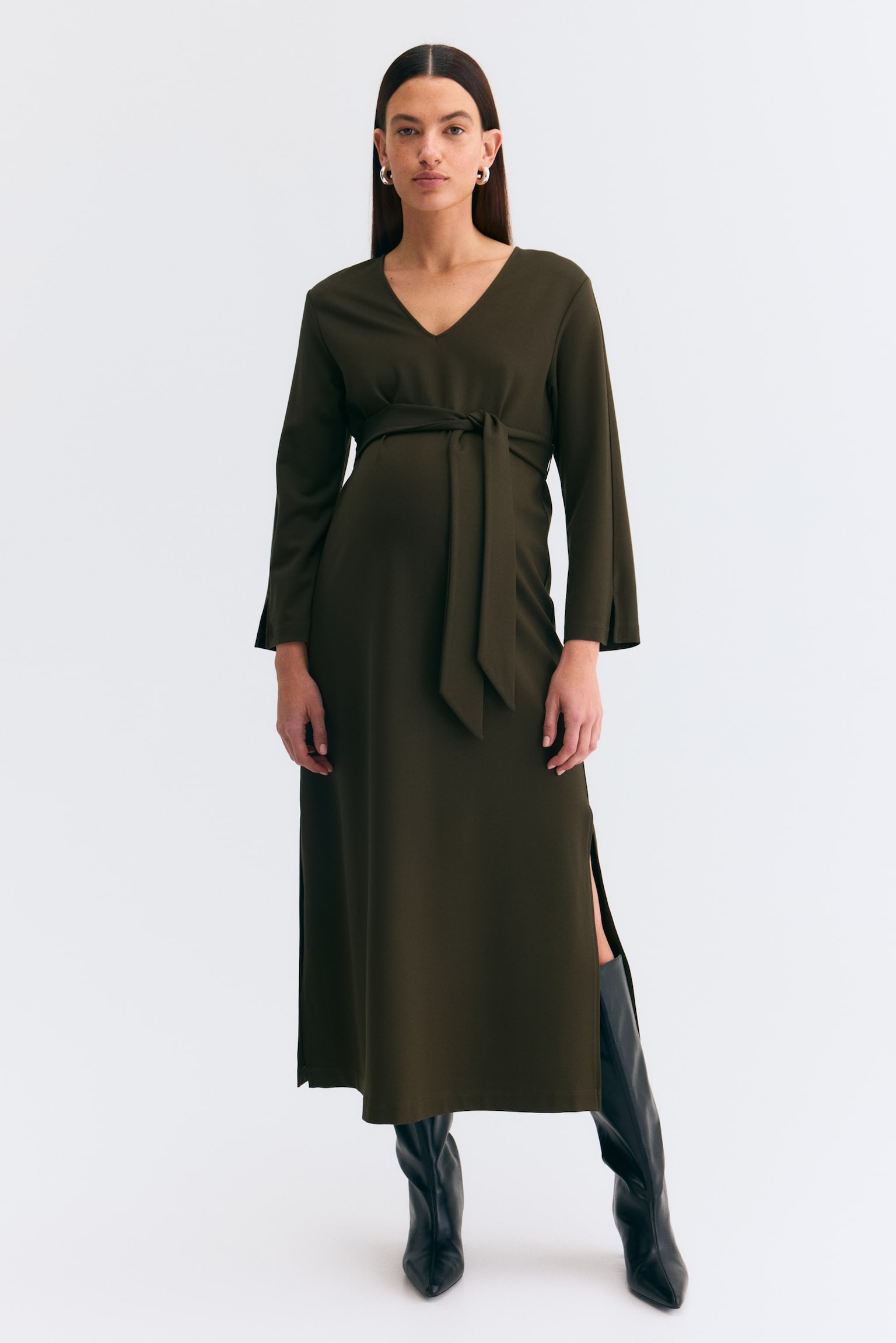 MAMA Tie-belt jersey dress - Dark khaki green - 6