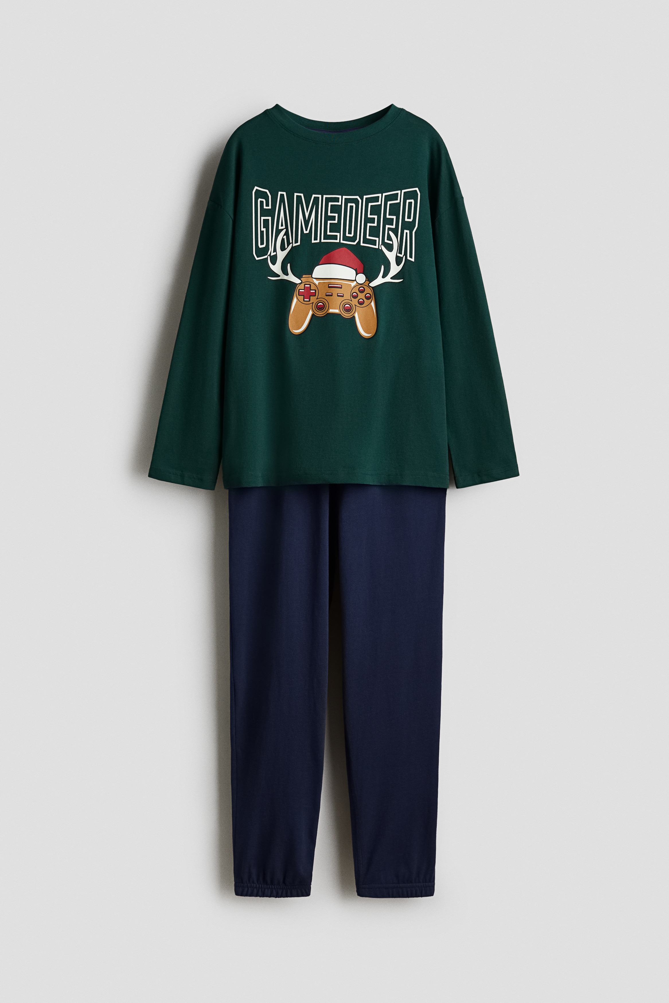 Gutt - Mørk grønn/Gamedeer Pyjamas i bomull med trykt motiv - Size: 146/152 (10-12Y)  - H&M