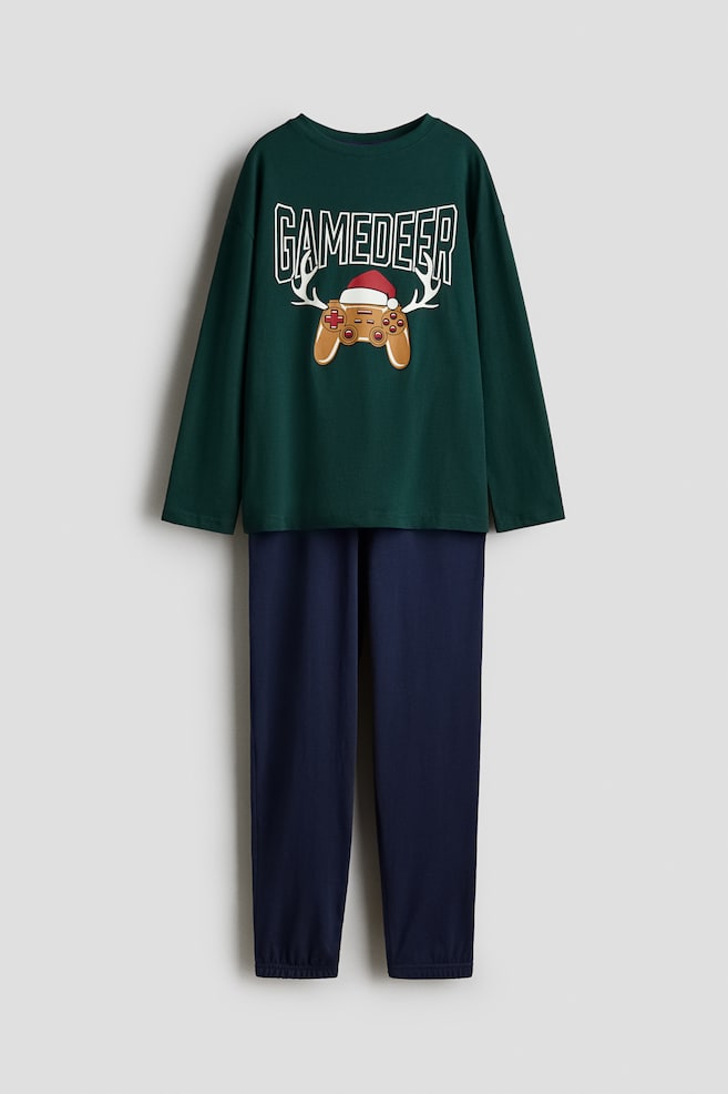 Print-motif cotton pyjamas - Dark green/Gamedeer/Light blue/Game controller - 1
