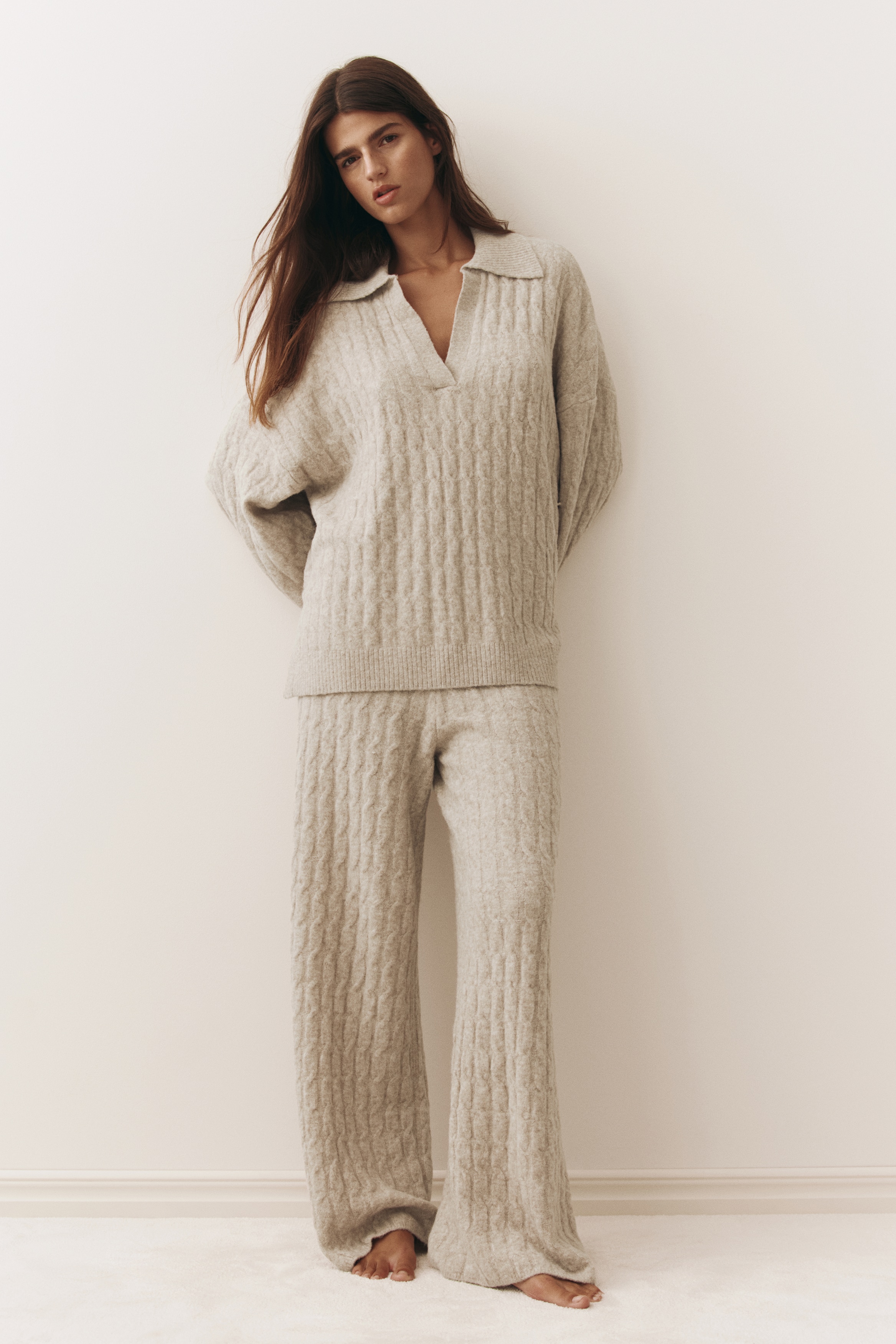 H & M - ケーブルニットポロセーター - ベージュ