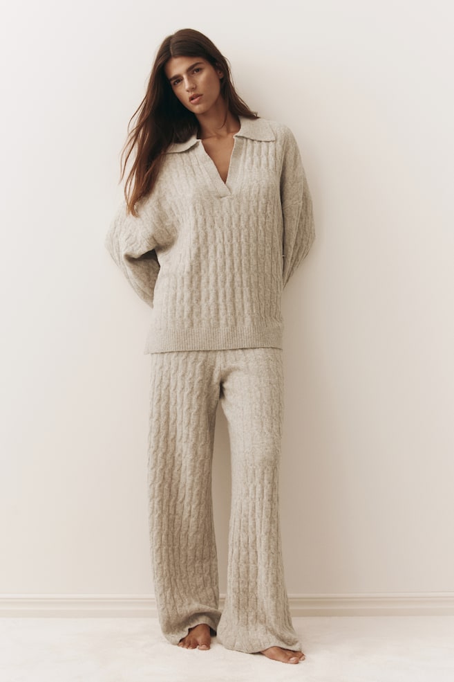 Cable-Knit Polo Sweater - Beige/Beige/Dark gray melange/Light gray melange - 1