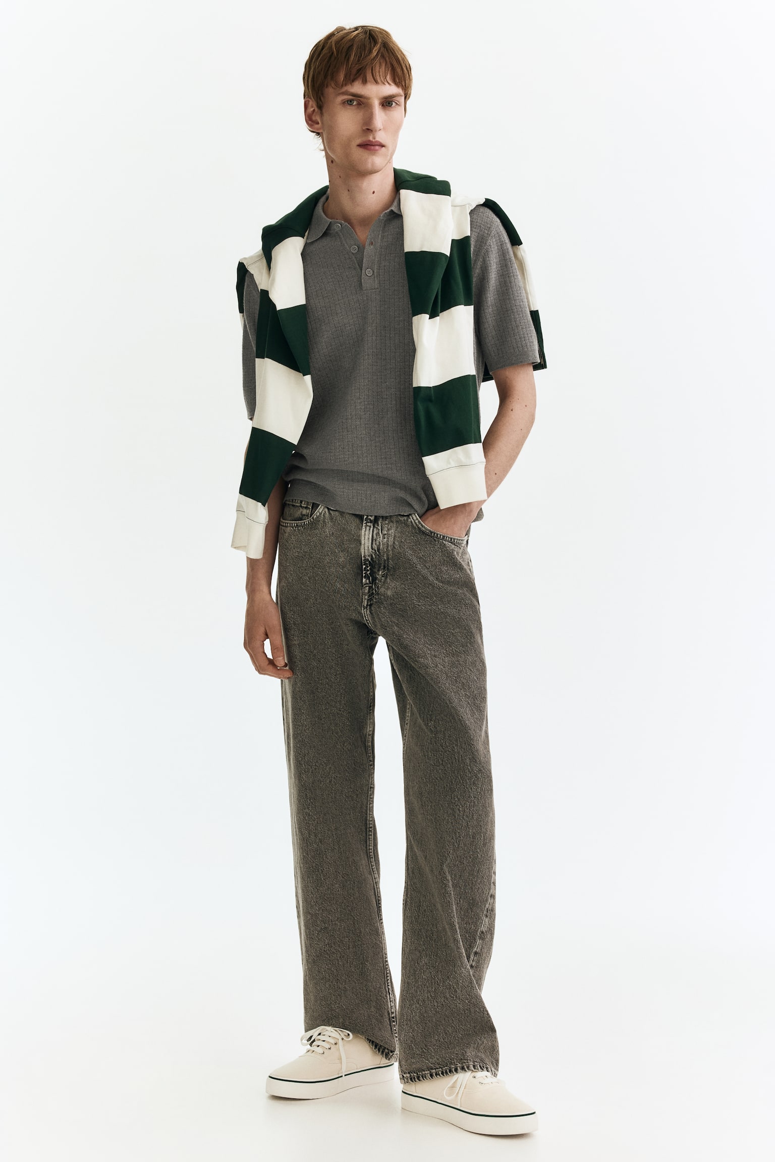 חולצת פולו מסריג עם טקסטורה Regular Fit - אפור - 5