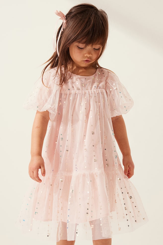 Sequined tulle dress with balloon sleeves - Light pink/Sequins/Light beige - 4