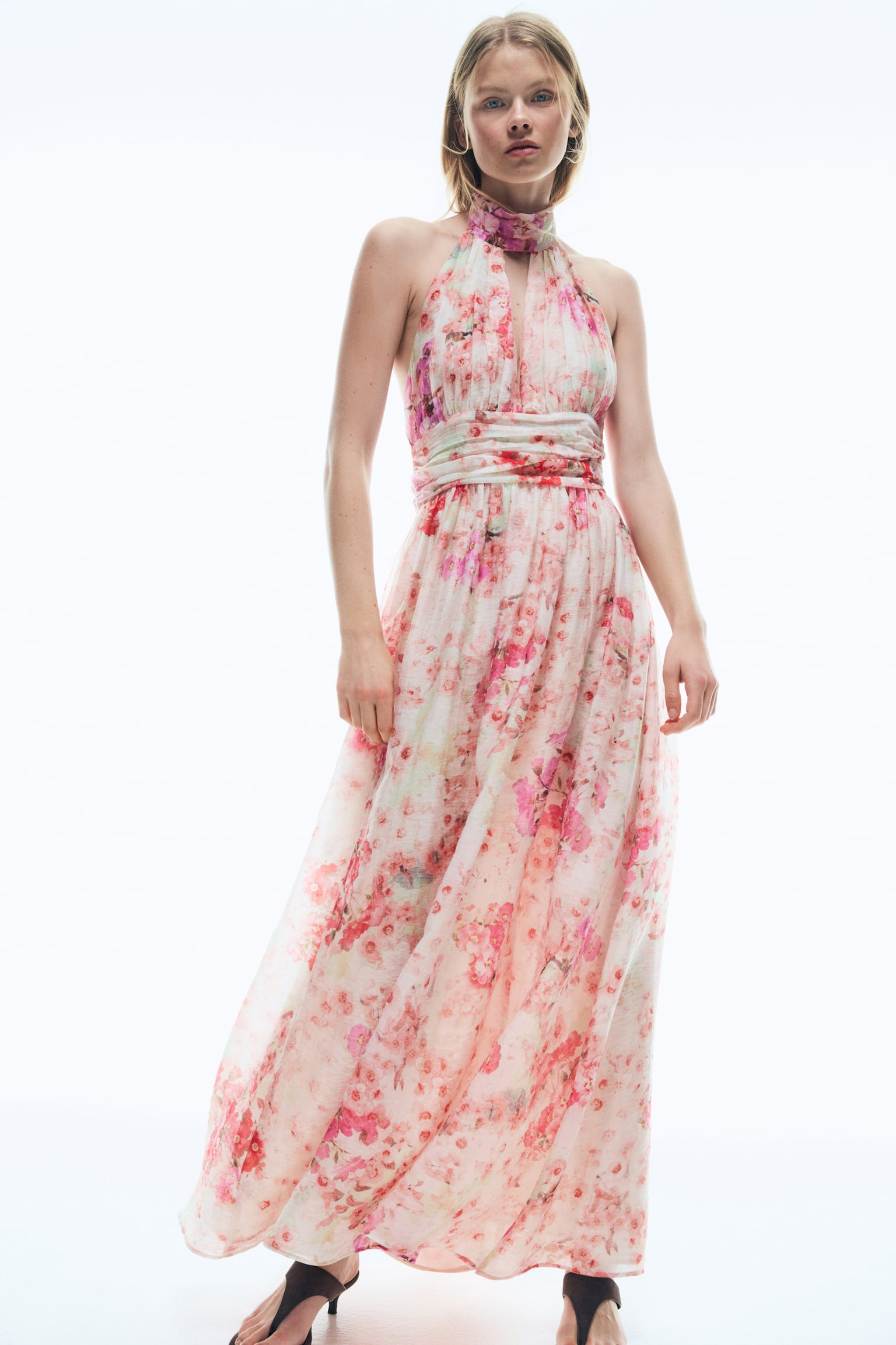 Tie-Detail Halterneck Dress - Light pink/floral - 6
