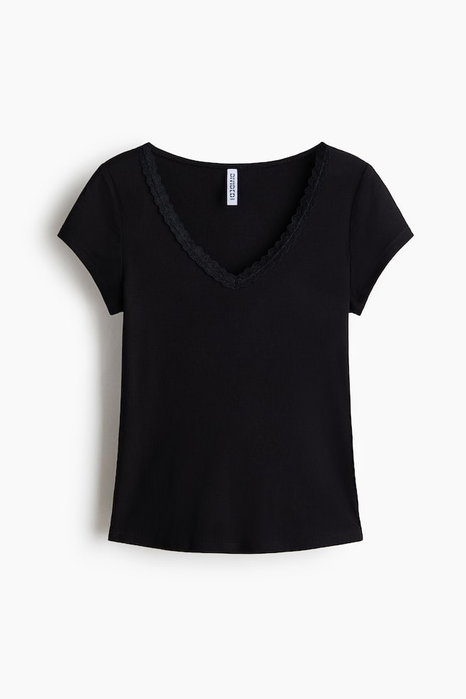 Top de viscosa con borde de encaje - Negro/Gris jaspeado/Blanco - 1