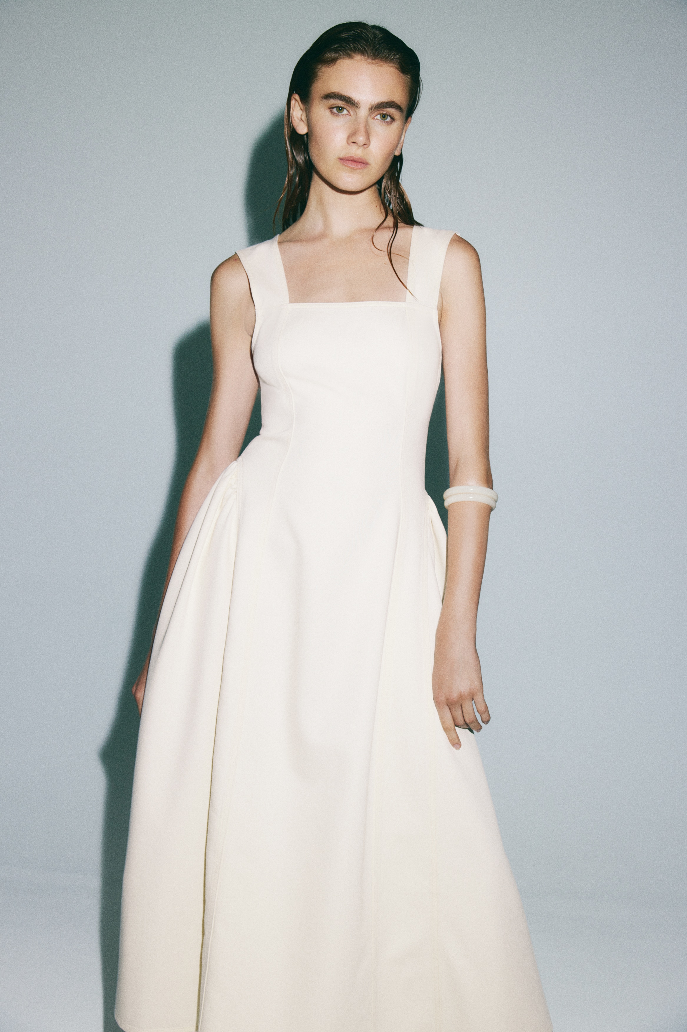 Flared-Skirt Twill Dress - Cream/Denim blue
