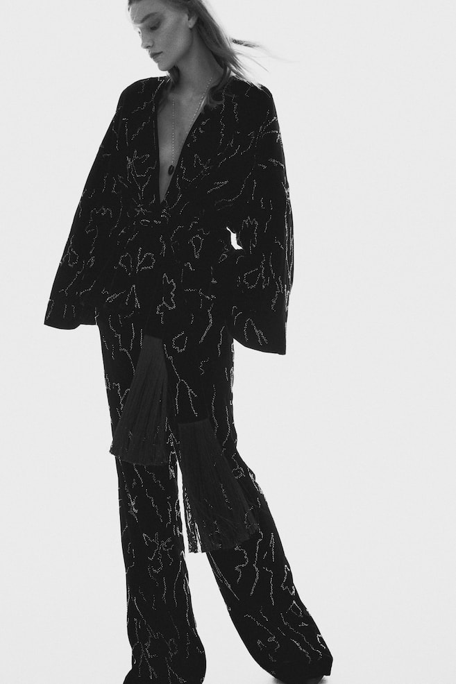 Embroidered Velvet Pants-Black - 6