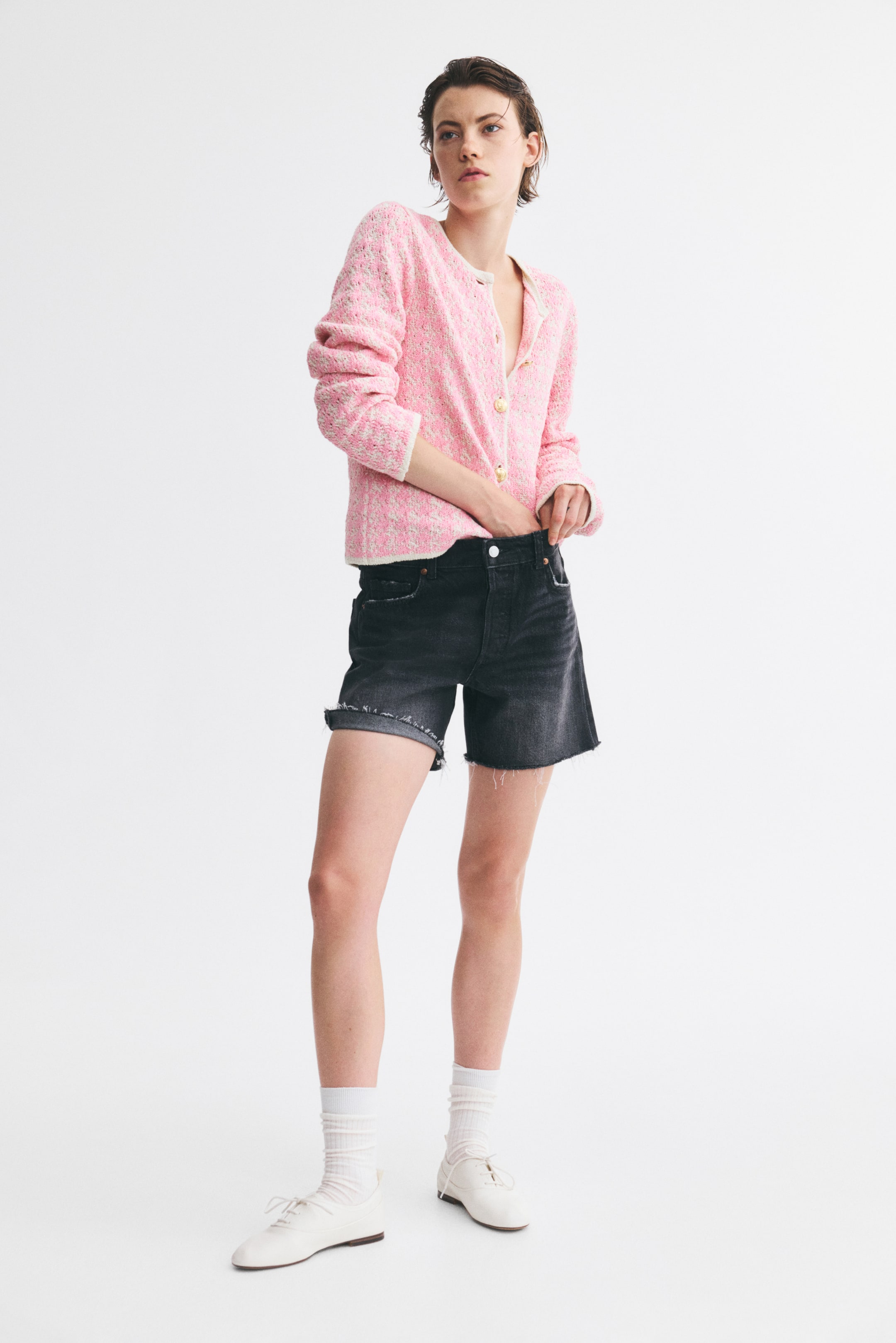 Grösseres Bild ansehen: Cardigan in Jacquardstrick - Hellrosa/Hahnentrittmuster - DAMEN | H&M CH 1
