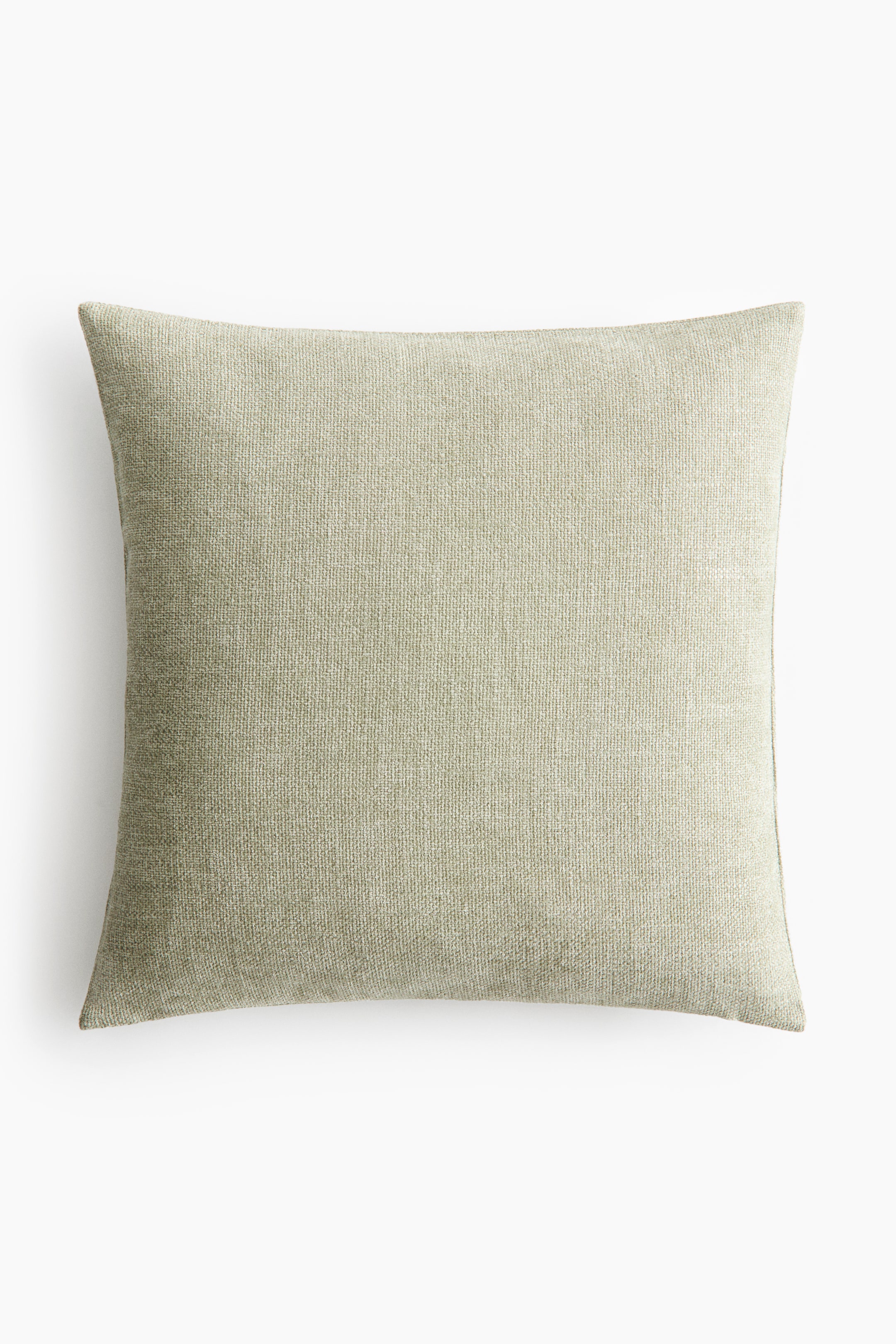 View larger image: A square pillow showcases a light greenish-beige, textured woven fabric with a subtle heathered look.