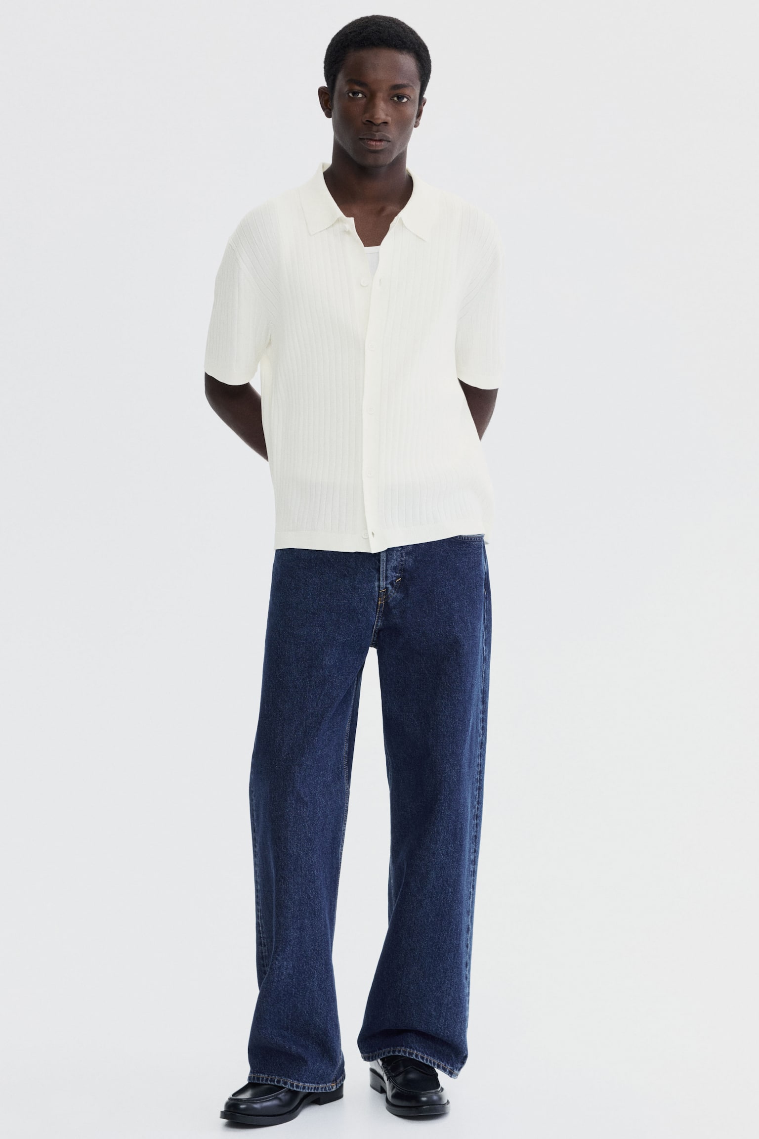 Мужская рубашка H&M Regular-Fit Rib-Knit, цвет: Кремовый — фото 4