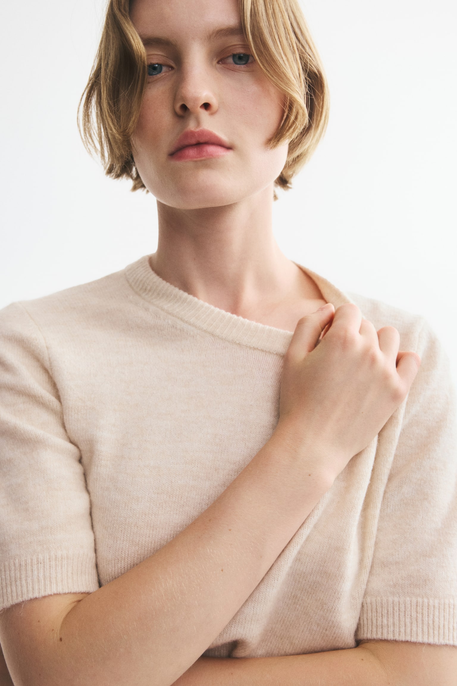 Fine-knit T-shirt - Powder pink/Beige marl/Navy blue/Dark purple/Light dusty pink/Dark grey marl/Light mole marl/Light yellow - 1