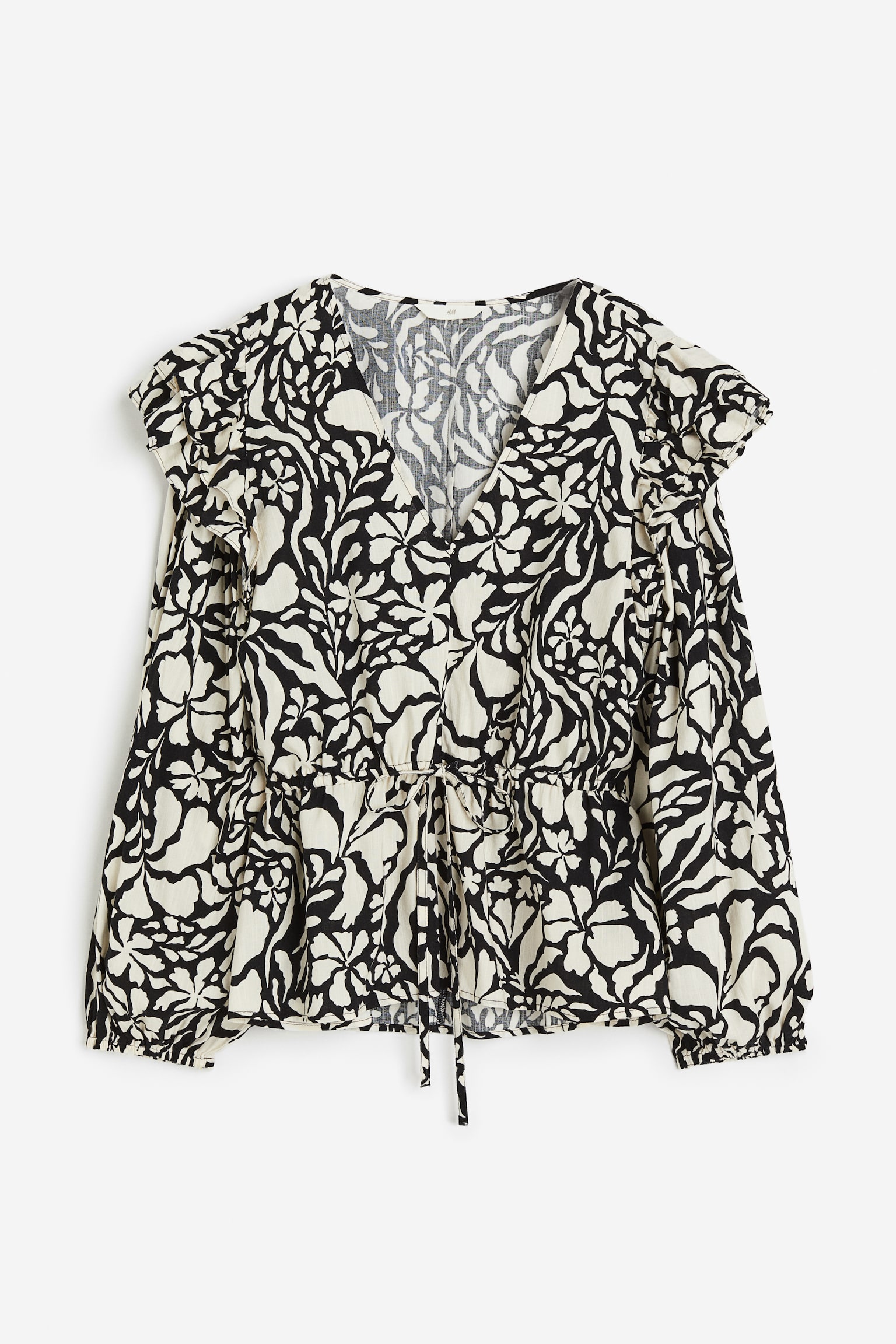 Frill-trimmed blouse - Black/White patterned - 1