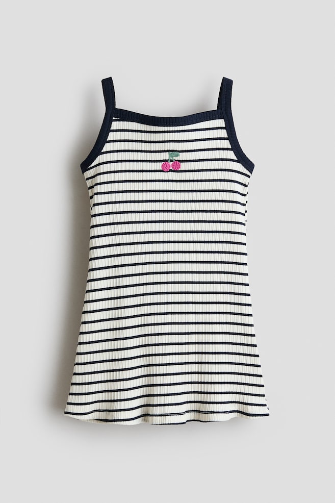 Embroidered-Detail Strappy Dress - White/navy blue striped/Hot pink - 1
