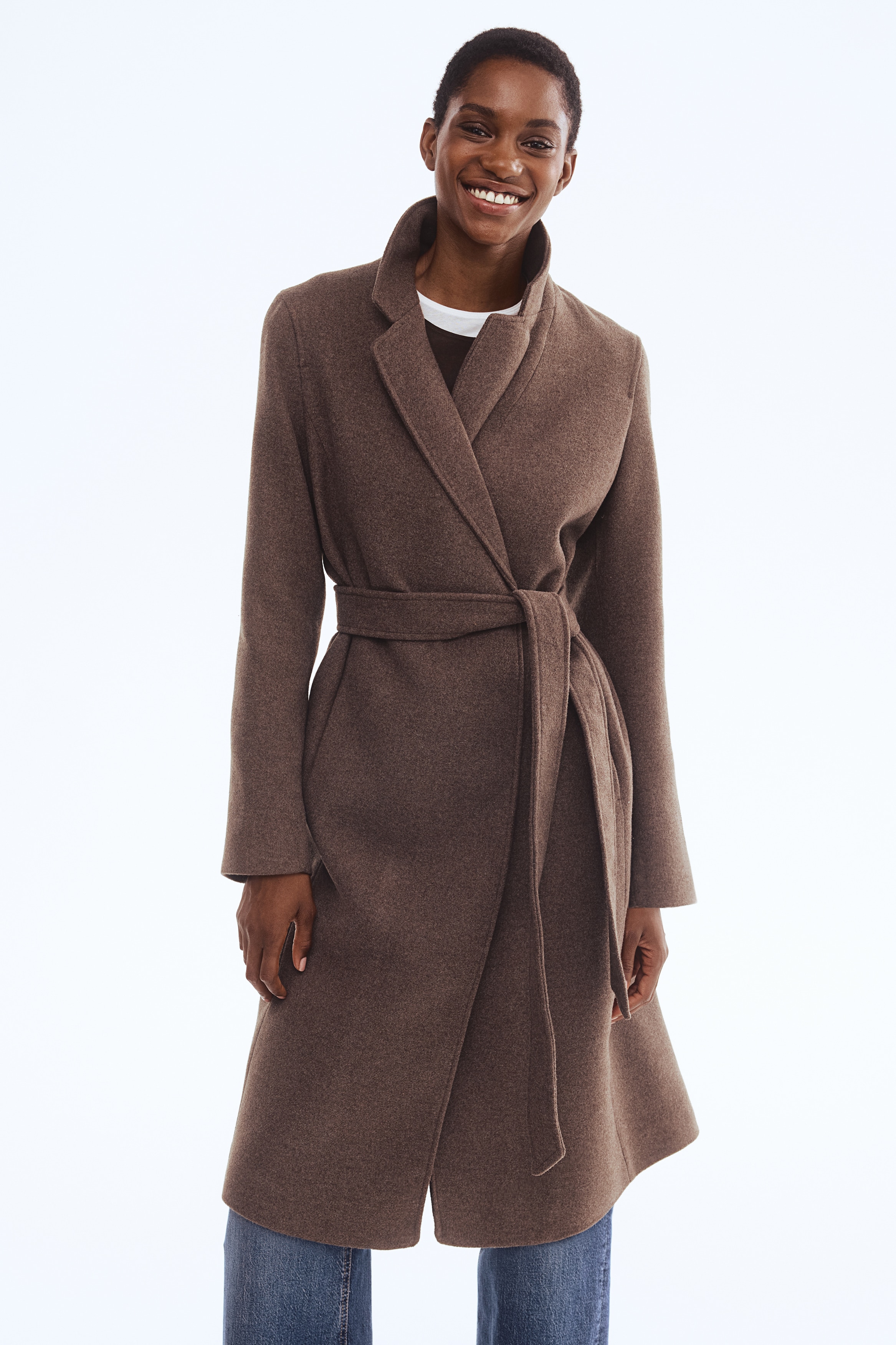 Women's Dark brown melange Tie-Belt Coat | H&M US