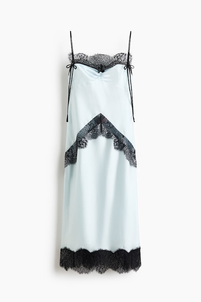 Lace-Trimmed Satin Dress - Light blue/black - 1