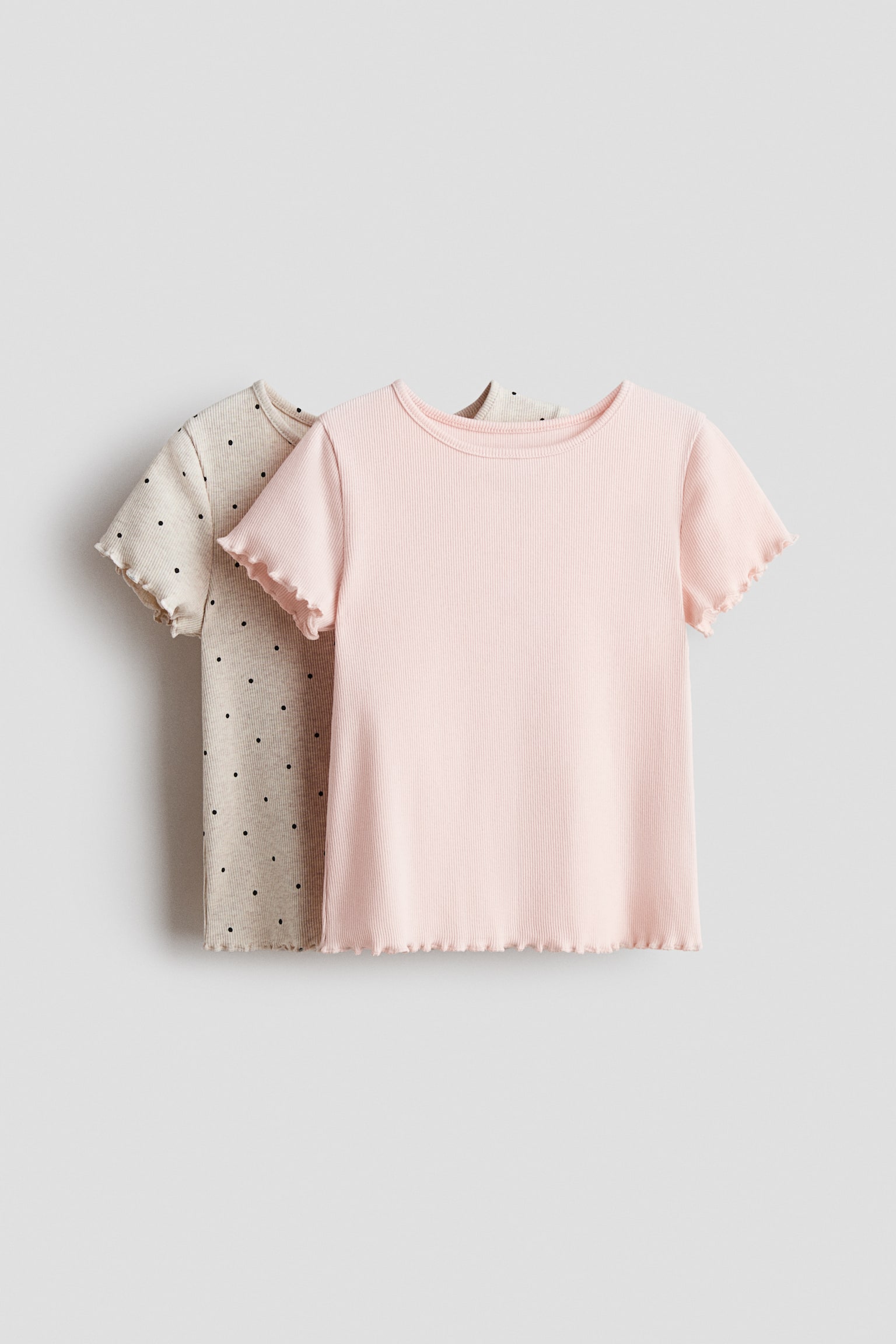 2er-Pack Gerippte Baumwoll-T-Shirts - Helles Mattrosa/Polka Dots/Mattlila/Polka Dots/Schwarz/Weiß