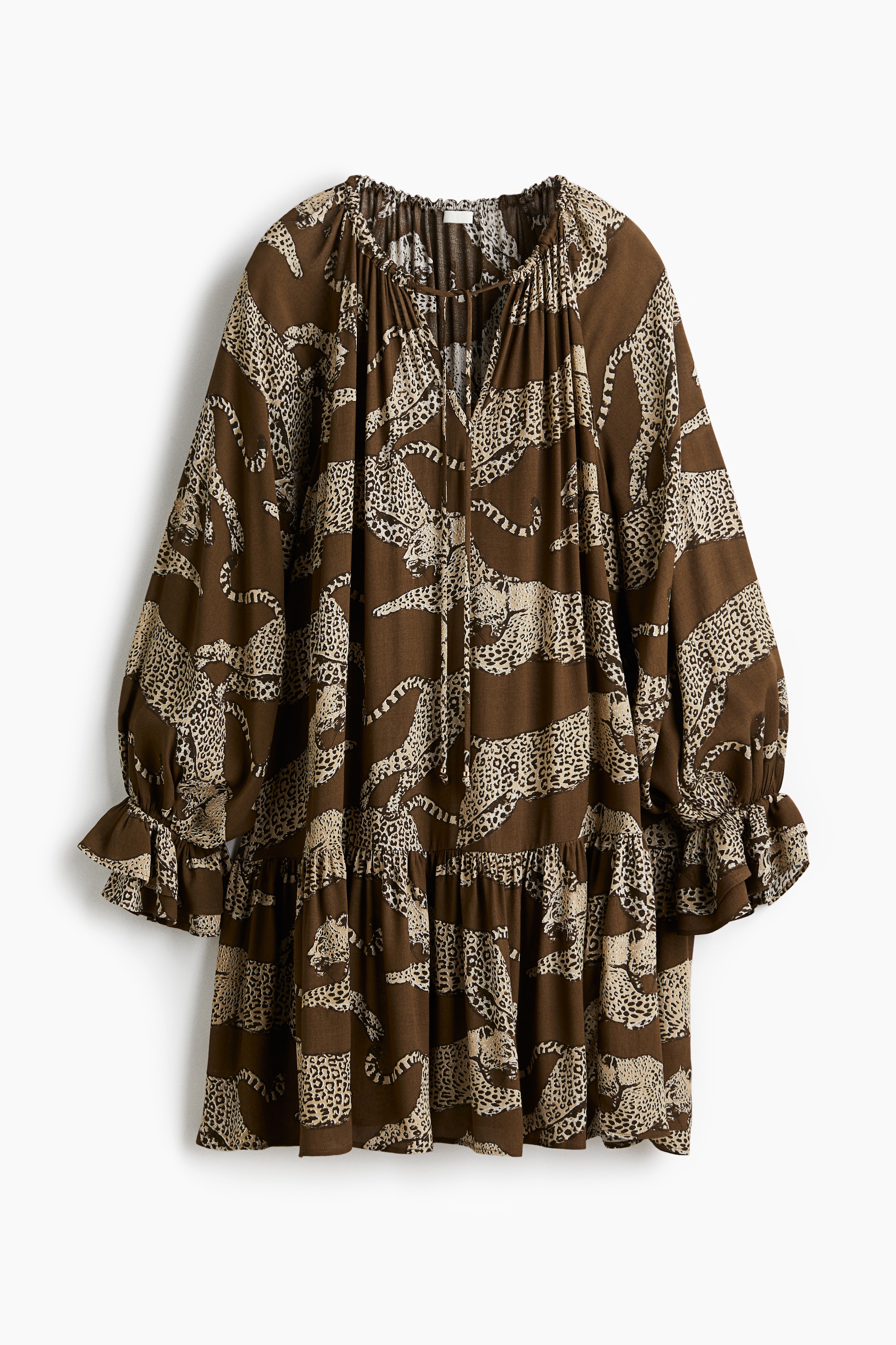 Frilled-sleeve dress - Brown/Leopards
